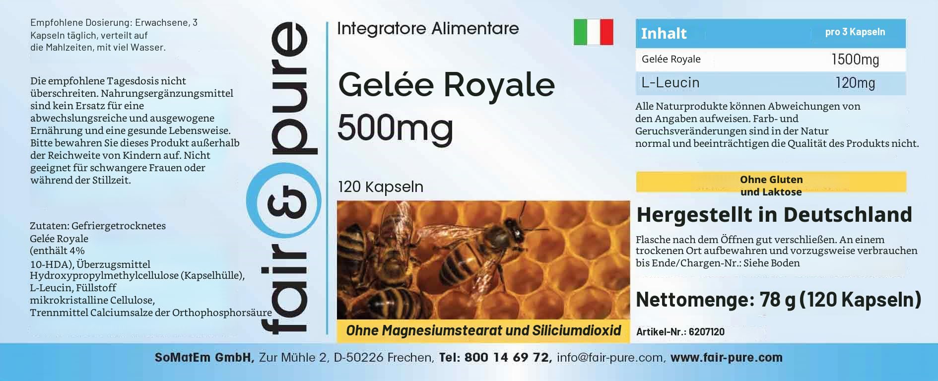 Fair & Pure Gelée Royale 500 mg, 120 Kapseln, schluckfreundlich, gefriergetrocknet, Nahrungsergänzungsmittel ohne Magnesiumstearat, in Deutschland hergestellt