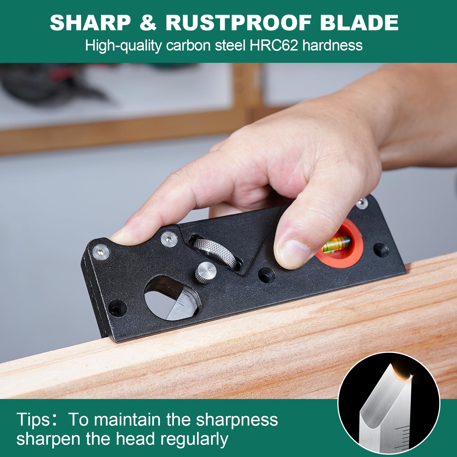 HYCHIKA - Herramienta de aplanamiento de esquinas de bordes para madera, cepilladora manual de 45° con 4 cabezales de corte, mango ergonómico, localización de burbujas, recortadora de bandas de bordes
