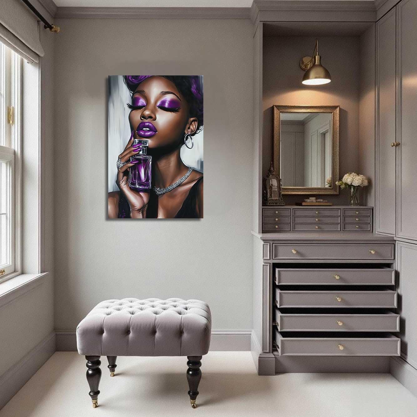 BJYCHG African American Wall Art Black Women Pictures Fashion Black Girl Canvas Paintings Female Poster Prints Dark Artwork for Girls Bedroom Decor Frame (Purple, (18L x 12W))