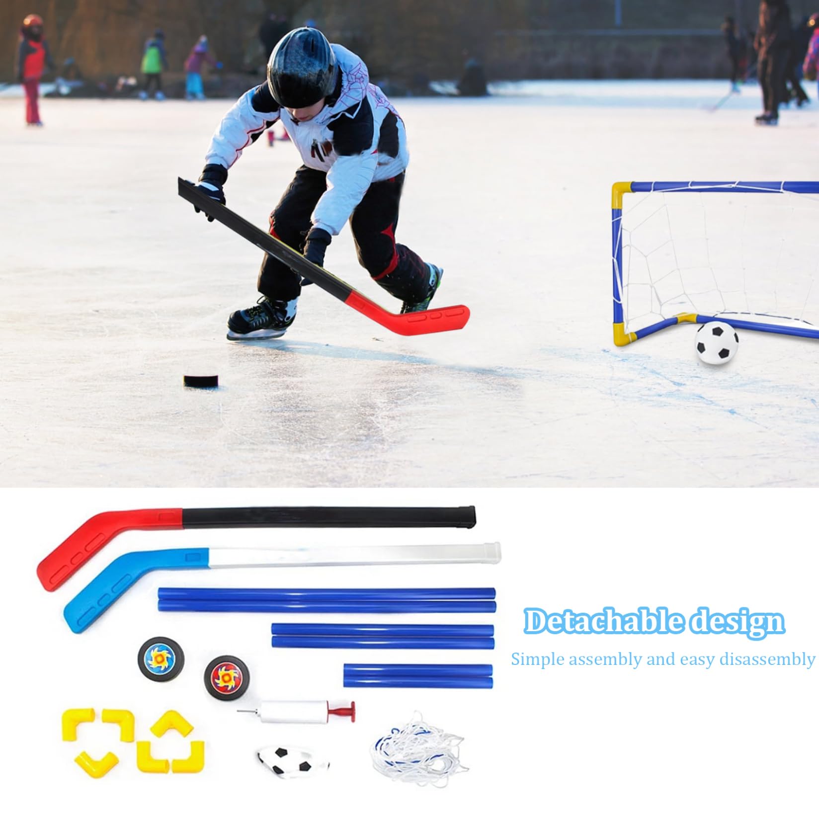 2 in1 Mini fútbol de Hockey Set con Mini Red de goles, Palo de Hockey, fútbol y de Bomba de Pelota Juegos de para niños Regal