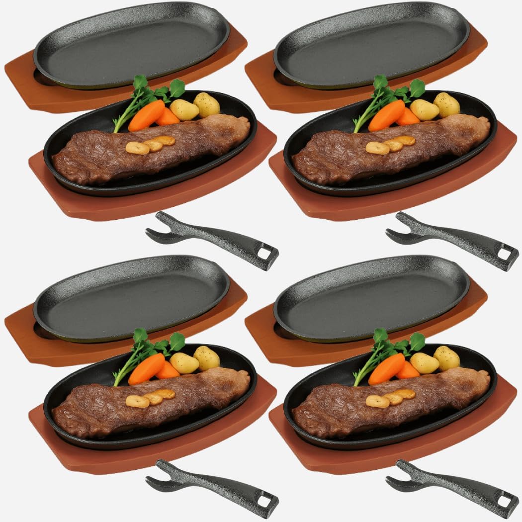JapanBargain, Set of 2 Sizzling Steak Plates with Wooden Base Cast Iron Fajita Skillet Server Plate for Home or Restaurant Use, Induction Cookware, 4 Set