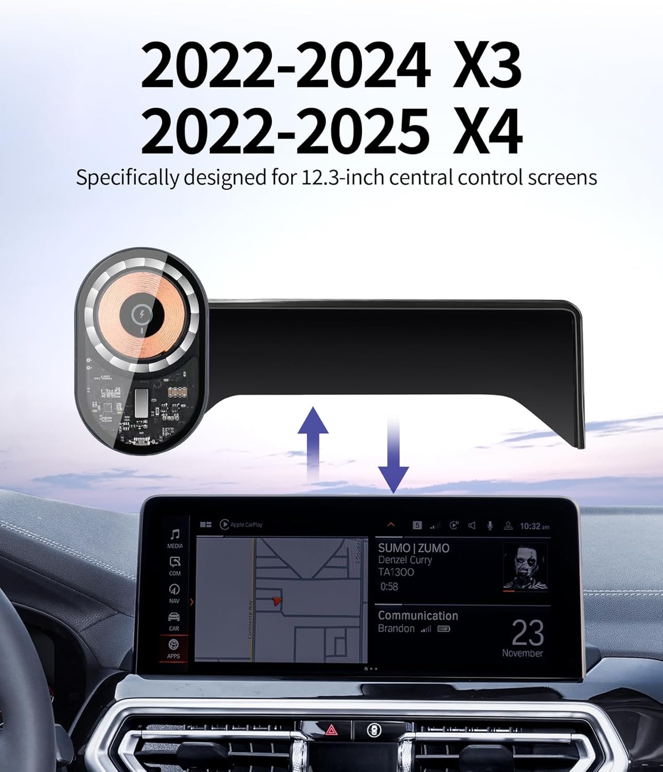 Wireless Charging car Phone Holder for BMW X3 2022-2024/BMW X4 2022-2025 Accessories 12.3-inch Screen Fixed Clip,360° Rotation car Phone Mount Compatible with MagSafe