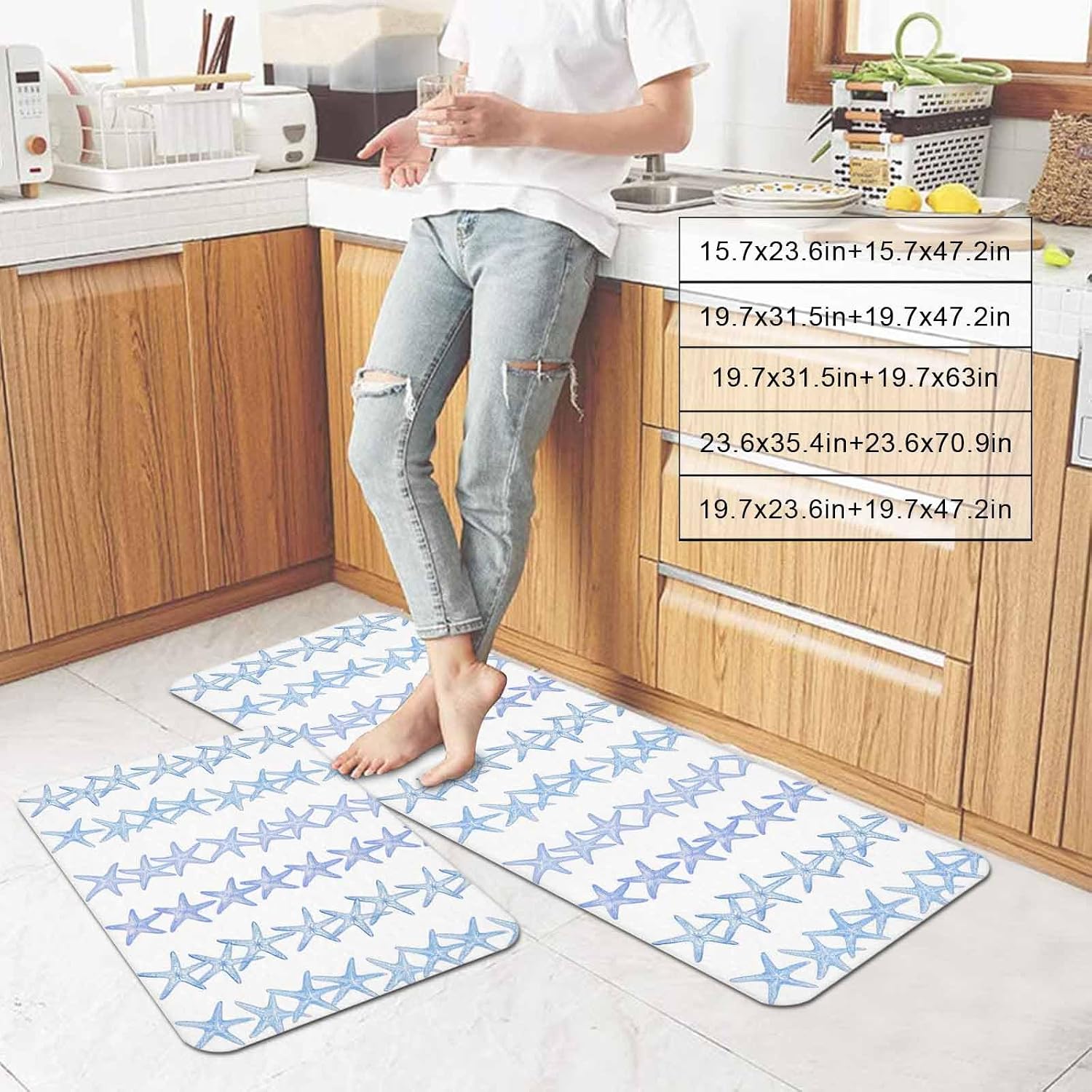Summer Ocean Life Kitchen Mat Set 2 Pieces Watercolor Blue Starfishes Coastal Simple Non Slip Kitchen Rugs Washable Runner Rug Mats for Floor Sink Laundry Office 19.7" x 31.5"+19.7" x 47.2"