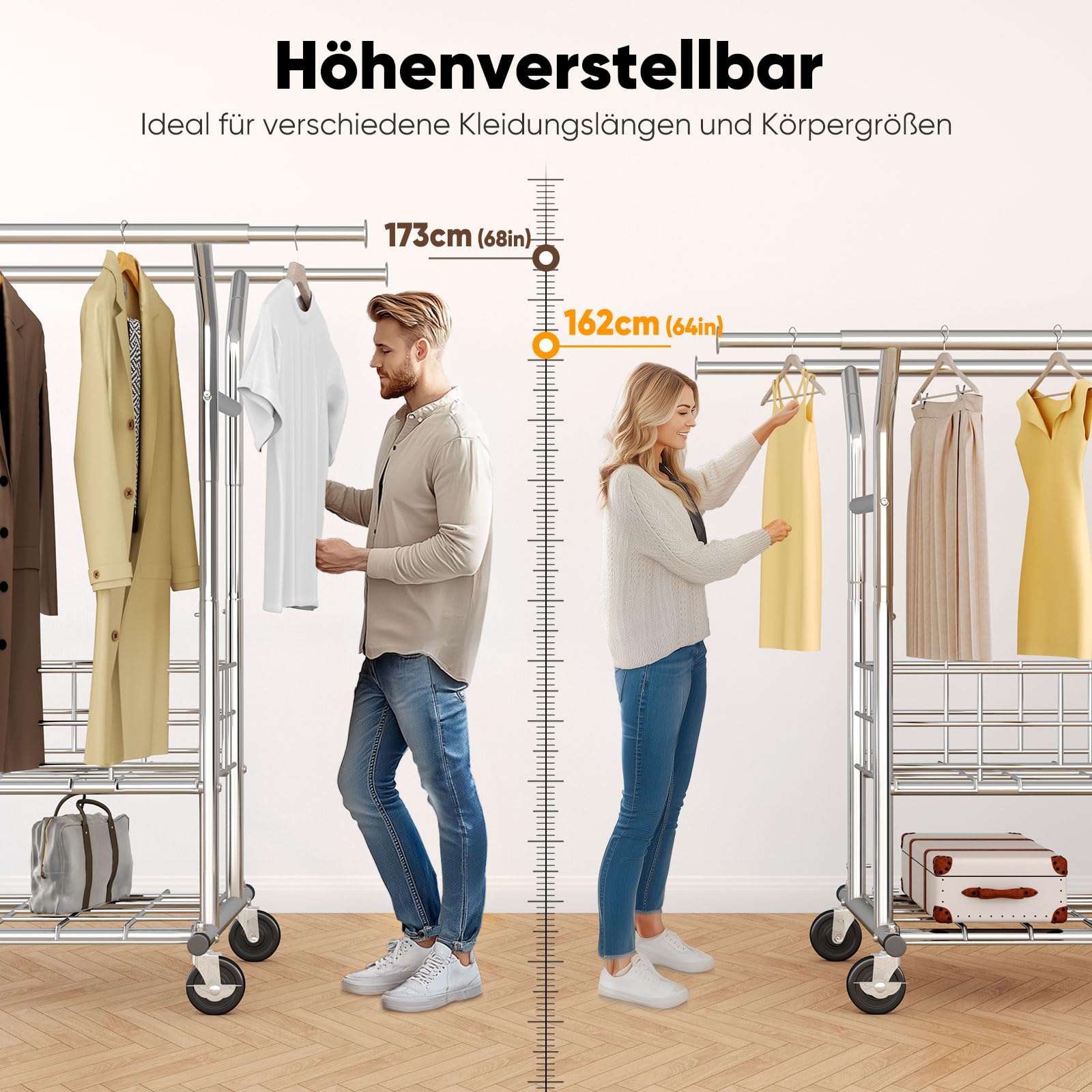 HOKEEPER Schwerlast Kleiderständer auf Rollen, Doppelter Kleiderstange, bis 283 kg belastbar, Industrie-Design, Garderobenständer mit Ablage& Wäschekorb,ausziehbare Länge und Höhe,Chorm