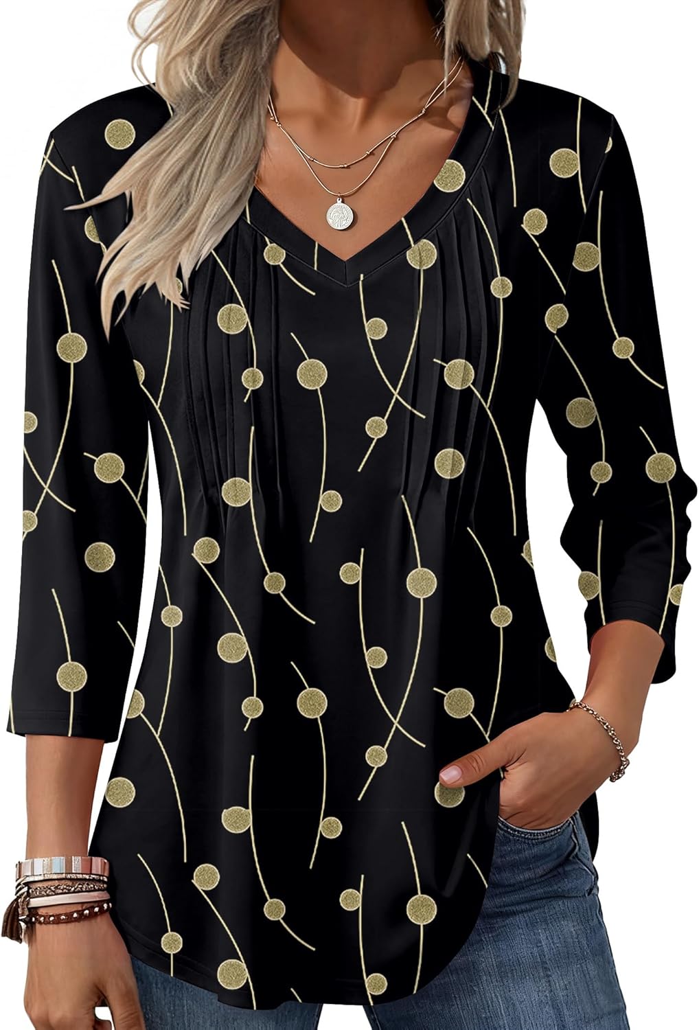 Zeagoo 3/4 Length Sleeve Womens Tops Casual V Neck Pleated Top Boho Floral Blouses Work Shirts