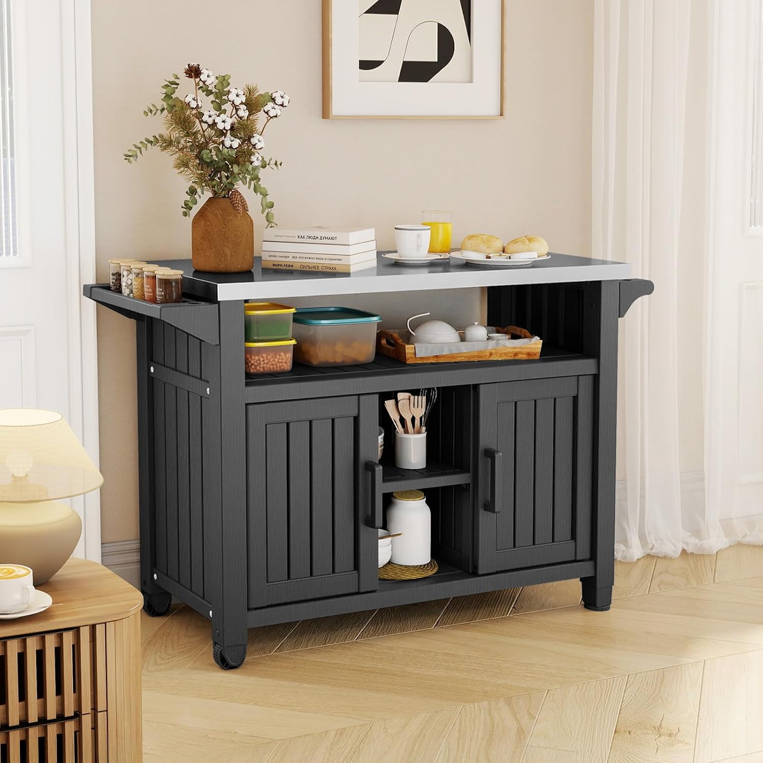 Outdoor Kitchen lsland with Wheels for BBQ Food Prep, Outdoor Grill Cart for Parties， Resin Material Kitchen Cart for Kitchen, Courtyard&,Backyard, Black