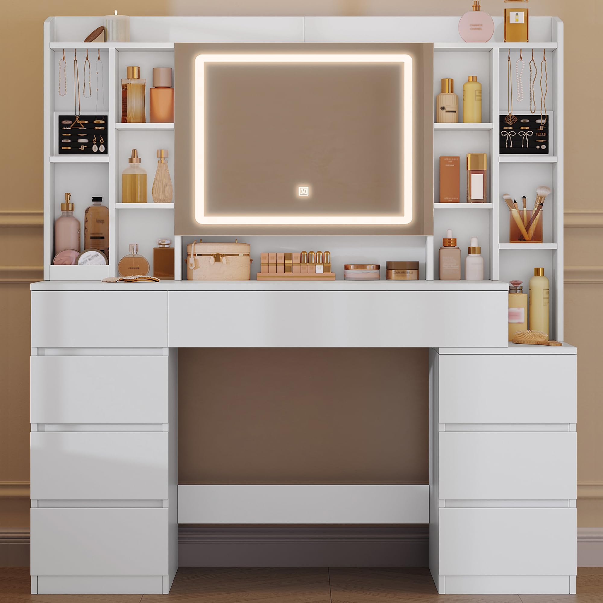 Hzuaneri 120 cm Dressing Table with Mirror and Light, Behind-Mirror Storage