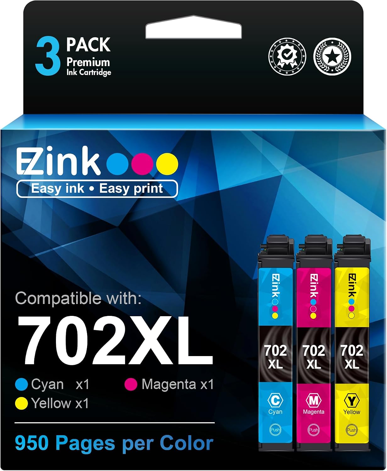 E-Z Ink (TM Remanufactured Ink Cartridge Replacement for Epson 702XL T702XL 702 T702 to use with Workforce Pro WF-3720 WF-3730 WF-3733 Printer (1 Cyan, 1 Magenta, 1 Yellow, 3 Pack)
