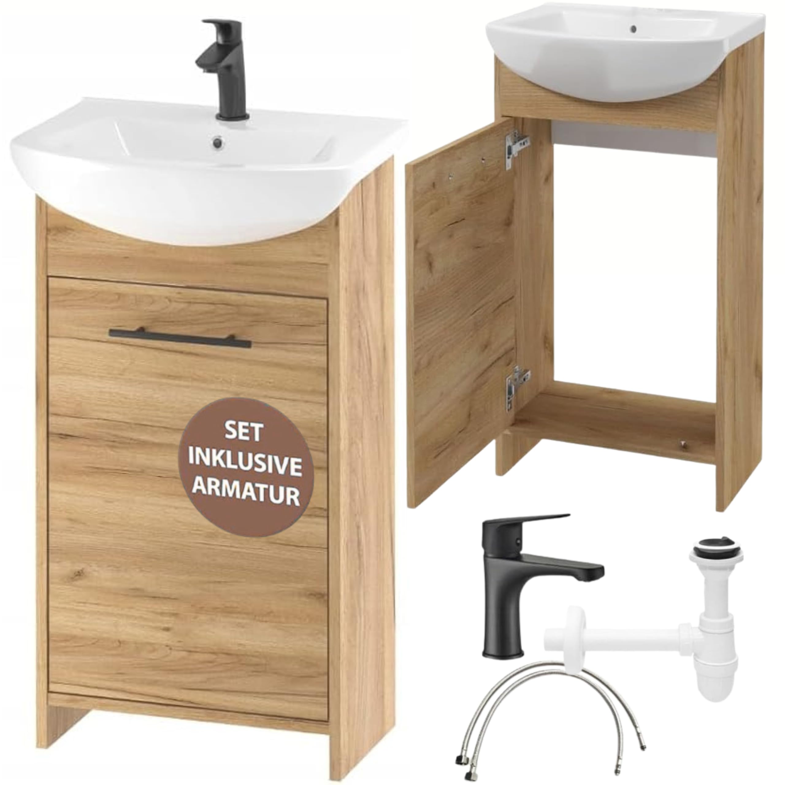 .Deftrans Lavabo avec meuble sous-vasque 46,5 x 24,5 x 84 cm - Meuble bas en chêne - Avec meuble bas et robinet de lavabo - 45 cm