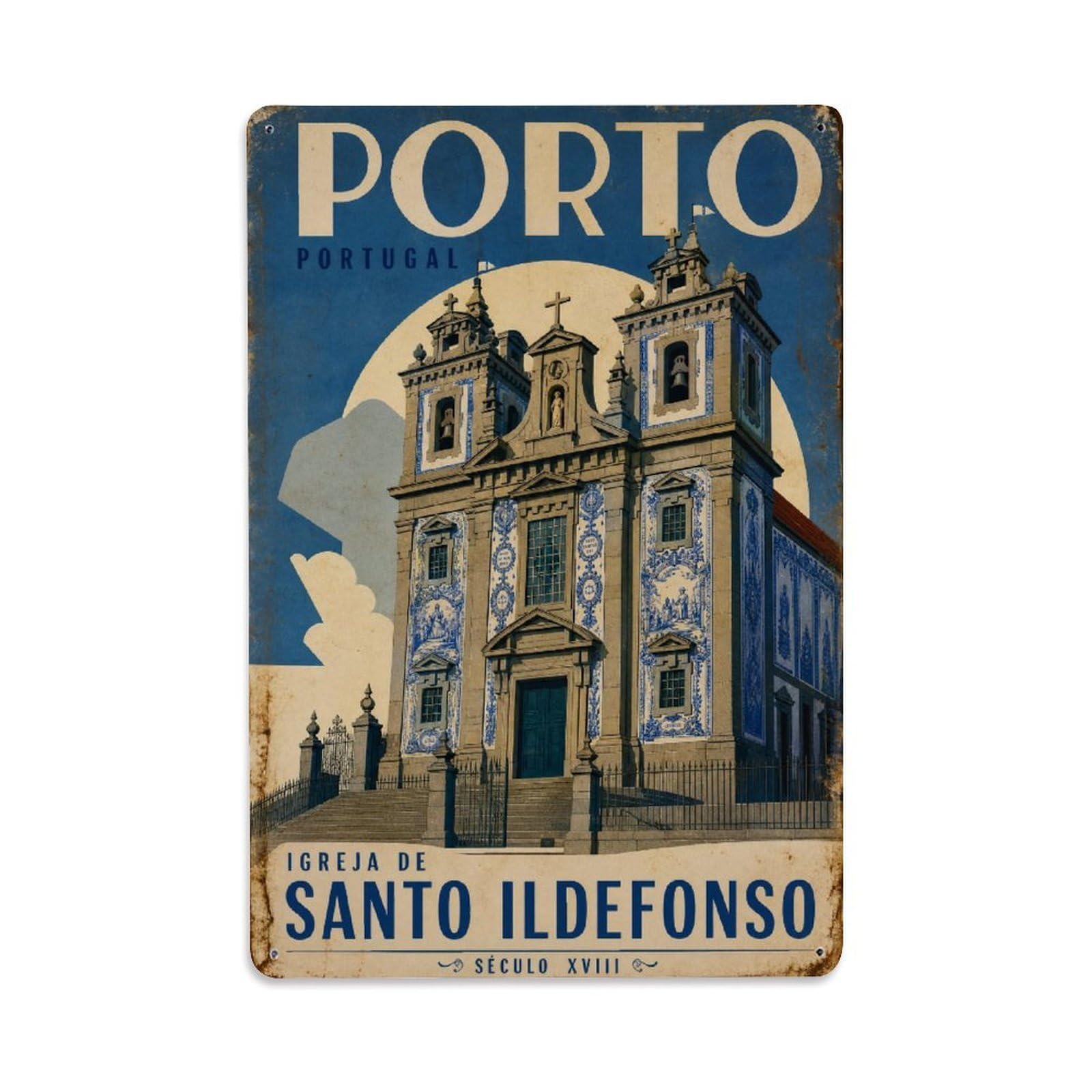 Huiyhb 8X12inch(20X30cm) Vintage Travel Igreja Ildefonso Azulejo Facade Portugal Metal Tin Sign