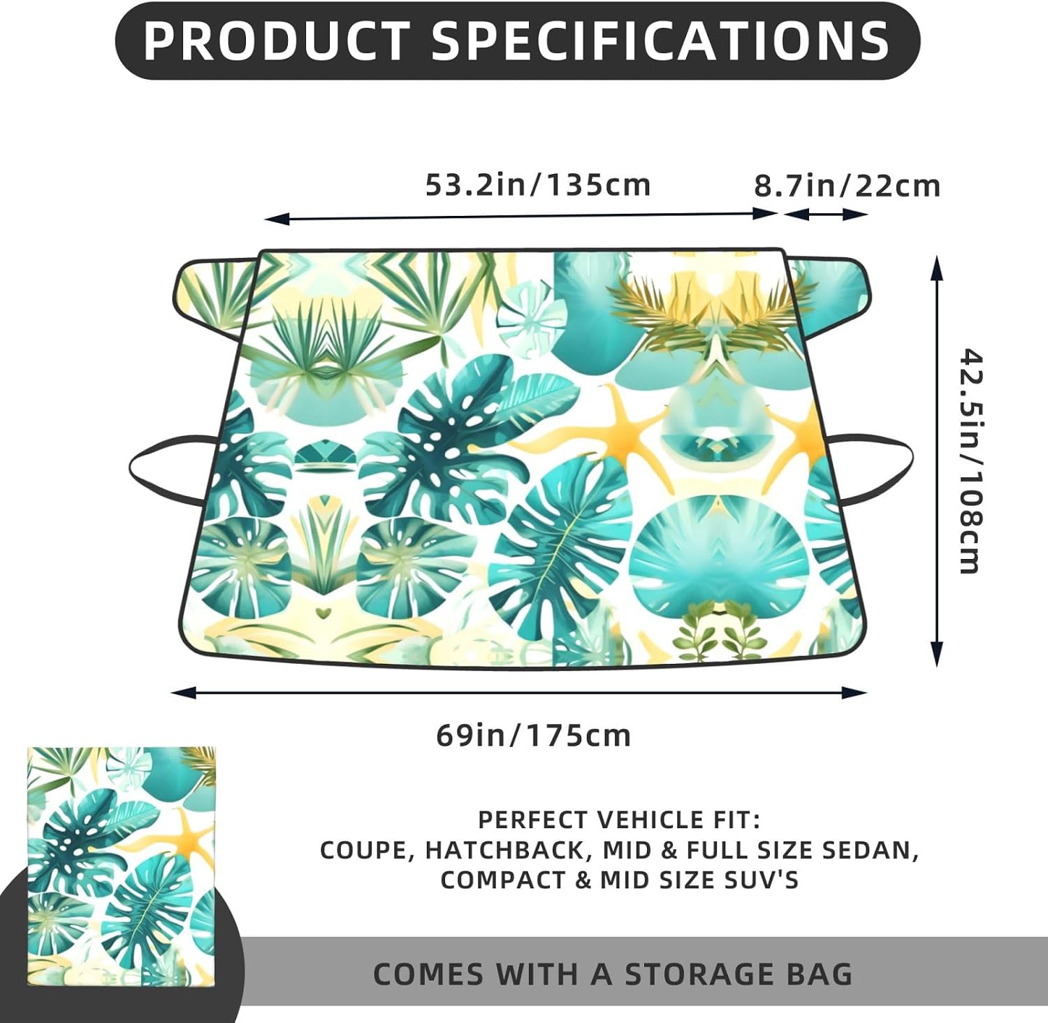 Tropical Beach Plant Theme Print Car Cover for Snow All-Season Windshield Cover with Elastic Strap Fits Most Cars and Trucks