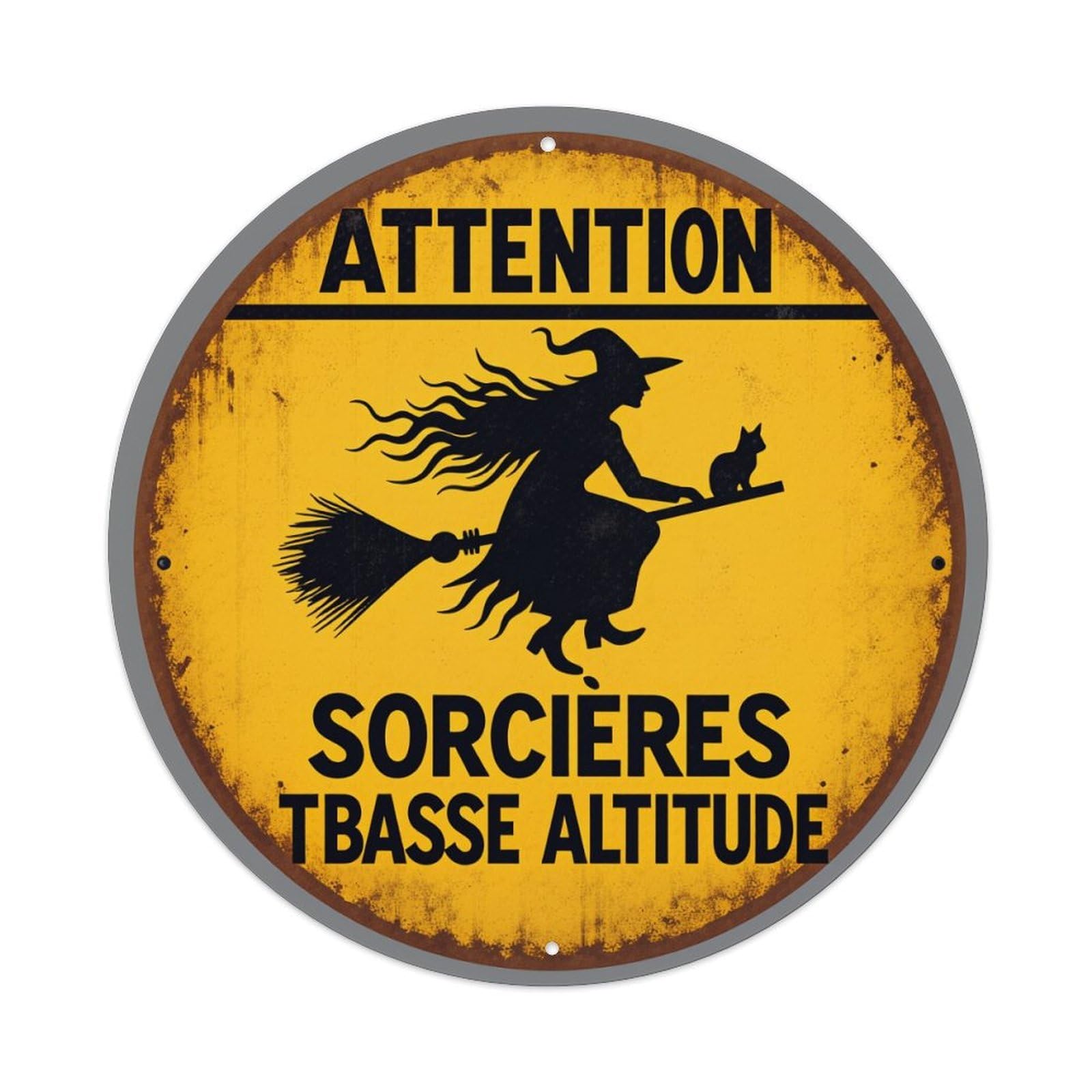 Attention Witches at Low Altitude Round Tin Sign Vintage Style Metal Sign Home Bar Garden Wall Plaque Decor Metal Poster 8x8 Inch