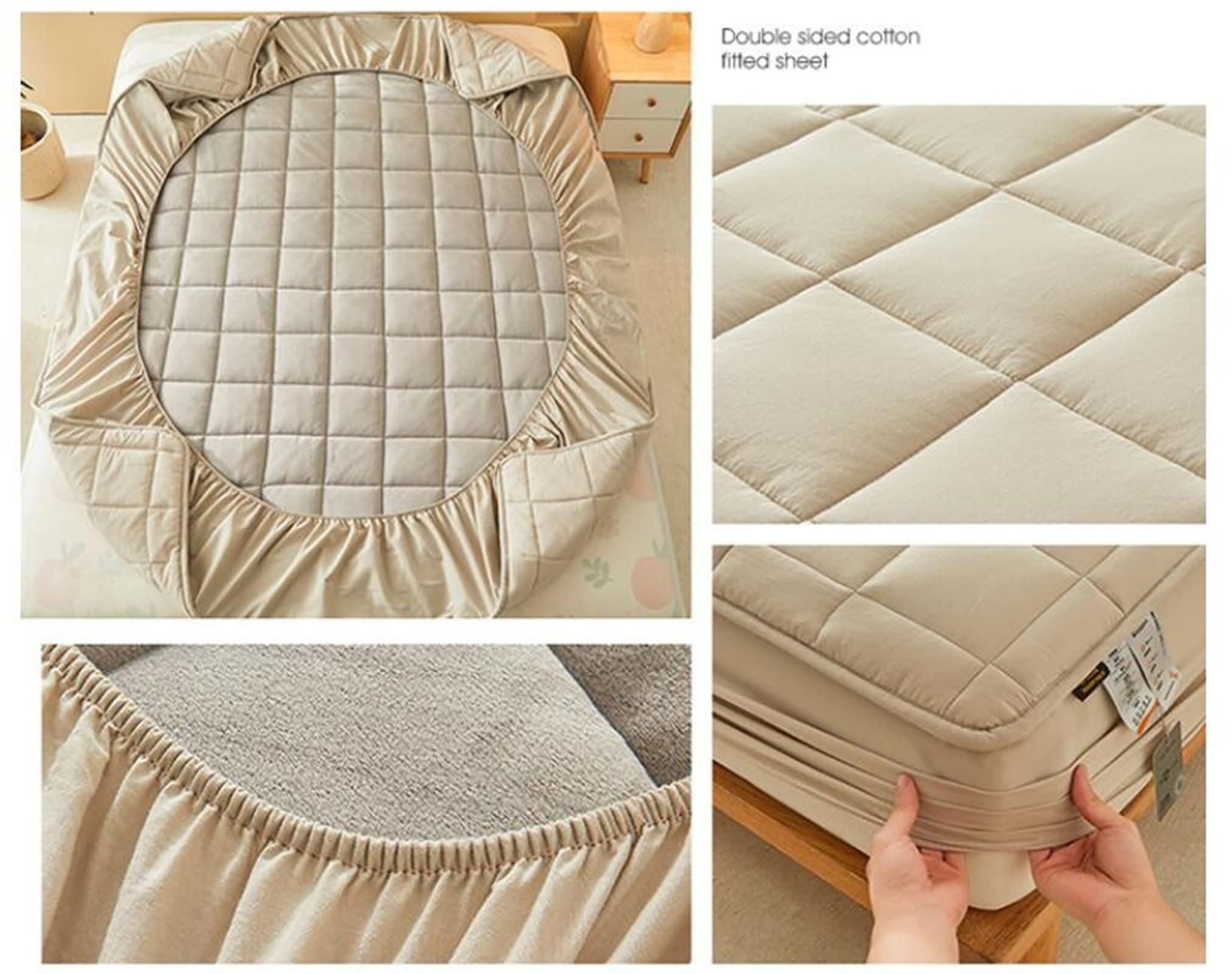 KnSam Drap Housse et 2 Taies d'oreiller - 150x200cm+30cm - Bonnet 30cm - Sable - Parure de Lit Coton & Velours Double Faces, Drap Housse Matelassé Doux et