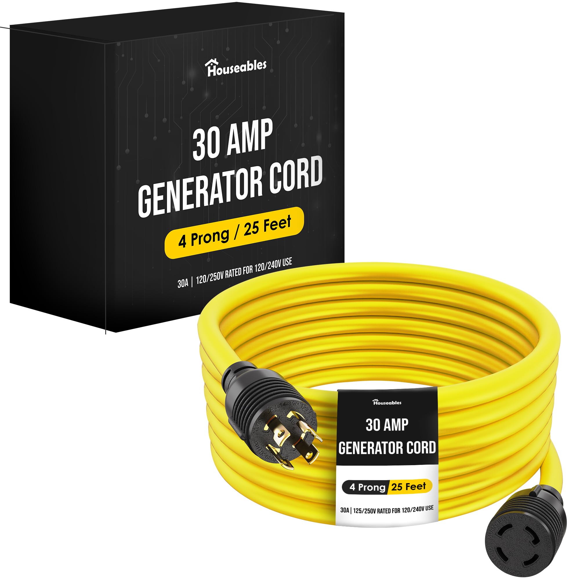 Houseables 30 Amp Generator Cord, Generator Cord, NEMA L14-30P to L14-30R, 30 Amp Extension Cable, 125/250V for 240V Use, 240 Volt, 30amp Power Wire, 4 Prong Plug, Dryer, UL CUL, 10 Gauge, 7500W, 25FT