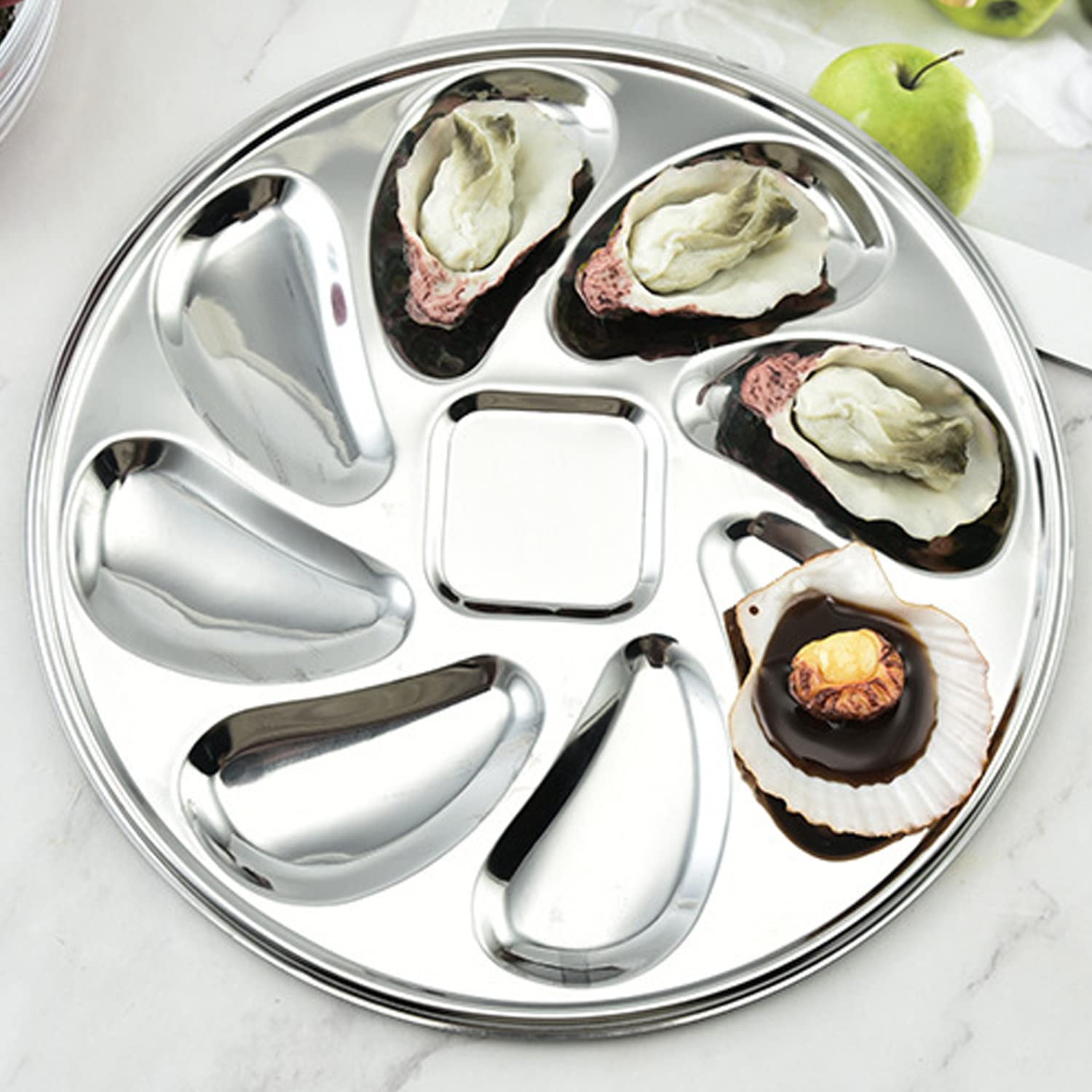 Piatto per Ostriche, Contenitore per Ostriche in Acciaio Inossidabile, con Coltello da Ostriche e 9 Fessure, Vassoio per Ostriche per Posizionare Ostriche, Capesante, Vongole, Salsa di Soia