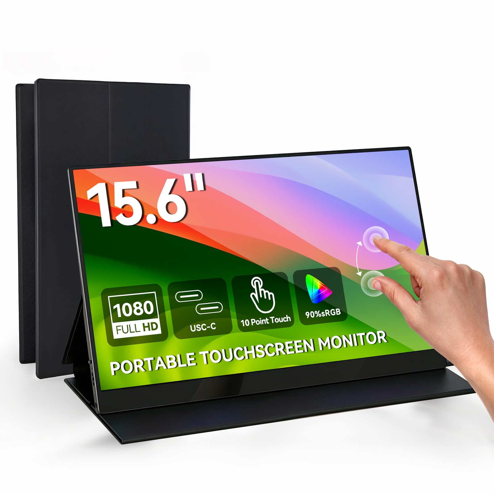 CUNPU Monitor portátil de 15.6 pulgadas, visualización táctil 1080P FHD 60Hz 10 puntos, portátil con funda protectora, altavoces duales, USB-C y mini HDMI, monitor de viaje para laptop, PC, teléfono