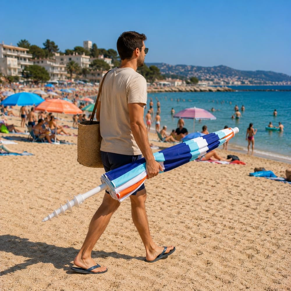 Parasol de Plage Alu Luxe Inclinable 210 cm UPF 50+ – Fibre de Verre, Pied Vissable, Housse de Transport et Toile Anti-UV