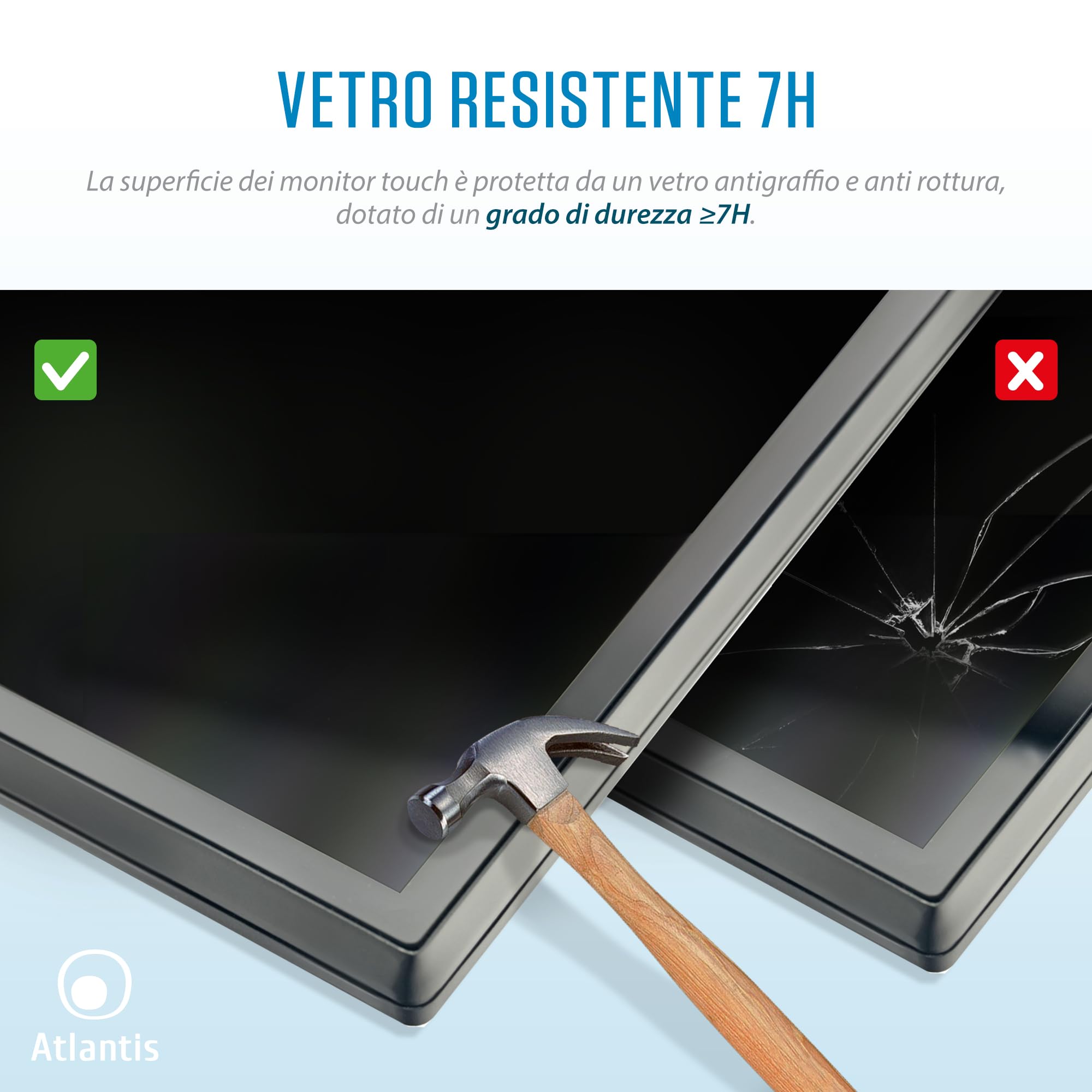 Atlantis A05-T22A-VHDM Monitor Touch 22 pollici, schermo 22", Touchscreen 10 tocchi, Full HD 1920x1080, HDMI VGA DP, inclinabile 15°-50°, Vetro Protettivo 7H, Contrasto 1000:1,Angolo 178/178,Vesa 100