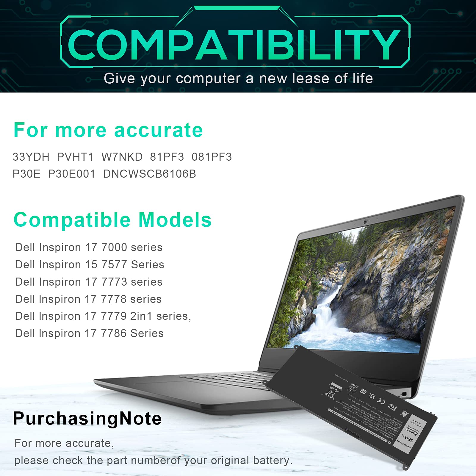ASUNCELL 33YDH 56Wh Laptop Battery for Dell Inspiron 17 7000 7773 7778 7786 7779 2in1 15 7577 G3 15 3579 17 3779 G5 15 5587 G7 15 7588 Latitude 13 3380 14 3490 15 3590 3580 PVHT1 P30E 81PF3