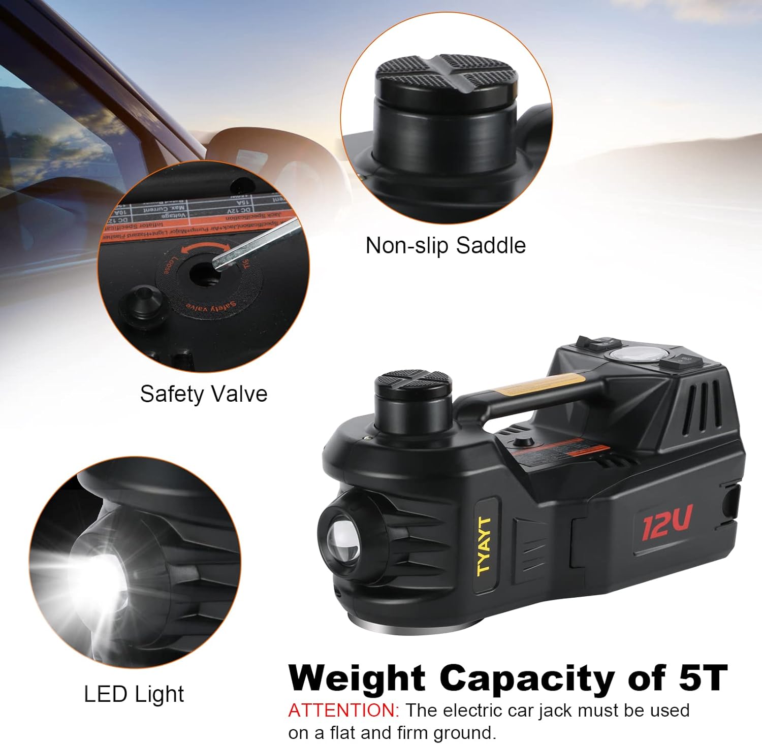 TYAYT 5 Ton Hydraulic Car Jack with Tire Inflator Pump for Tire Change, 12V Electric Car Floor Jack with LED Light for SUV and Sedan (Black)