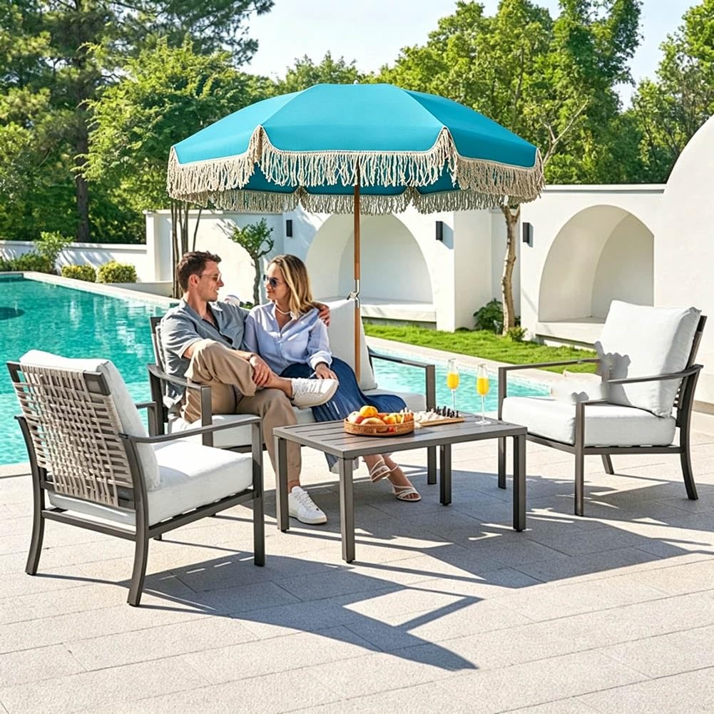 Parasol Ogrodowy w Boho z Frędzlami 200 cm, Przenośny Parasol Plażowy z Regulowanym Drewnianym Trzonkiem, 8 Żeberek z Włókna Szklanego