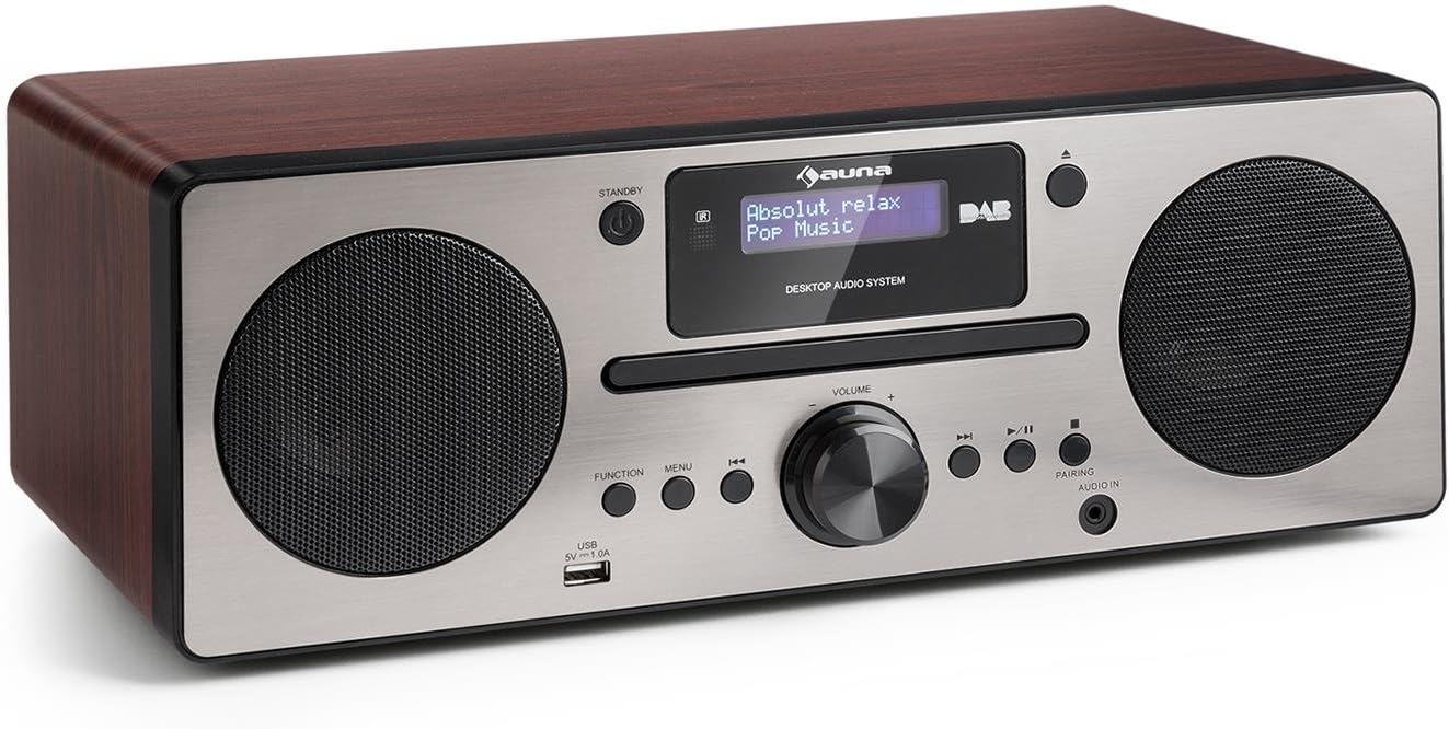 auna Harvard Micro Audio System DAB/DAB+ FM Radio Tuner CD-Player USB Charging Function AUX Bluetooth Wireless Sleep Timer 4 Ohm Impedance X-Bass Function Alarm High Performance Walnut