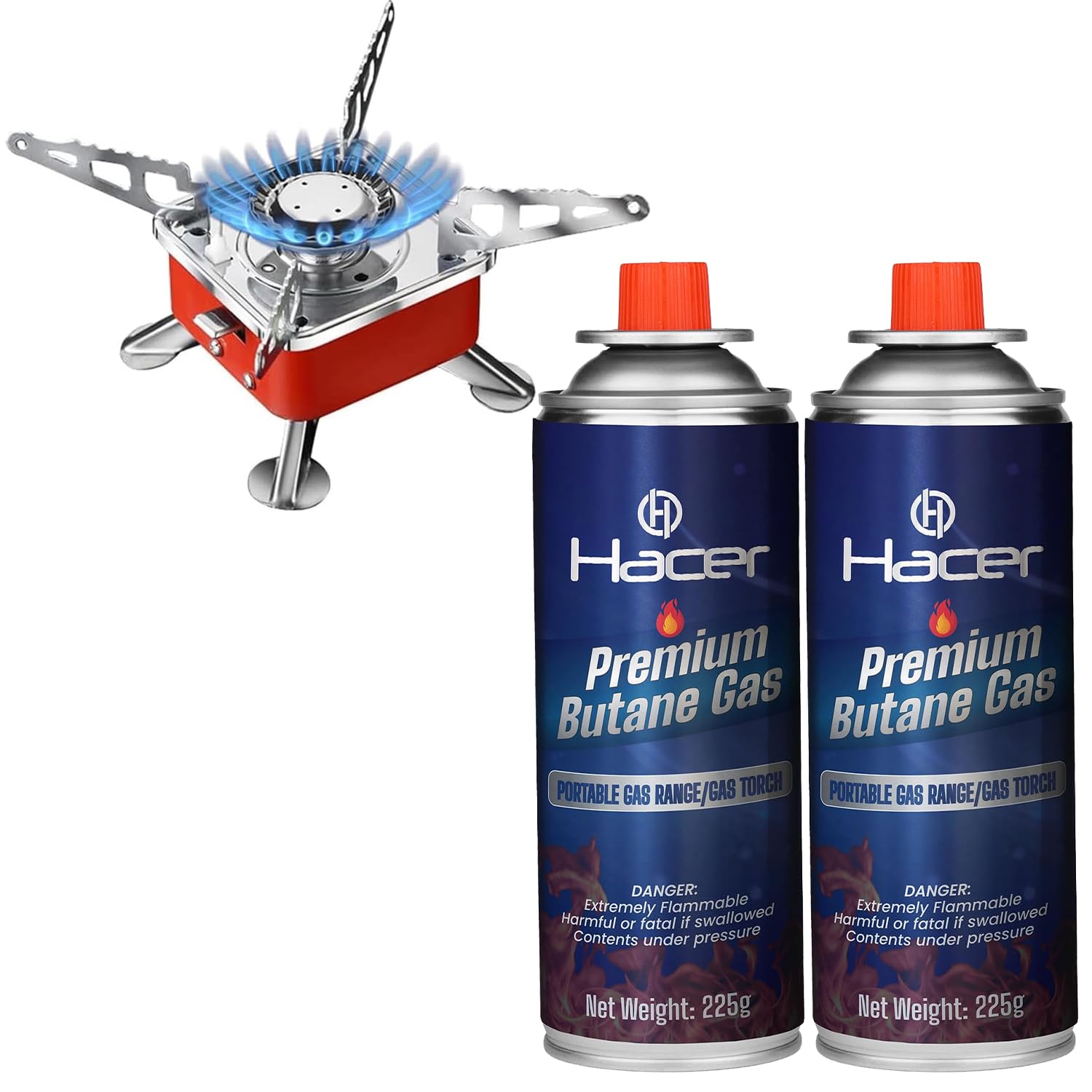 Hacer Portable Camping Gas Stove for Travel with Butane Gas Cylinder, Foldable Furnace & Refill Canister Kit, Lightweight Gas Burner for Hiking & Emergency Cooking Use (2 Gas Refill + 1 Stove)