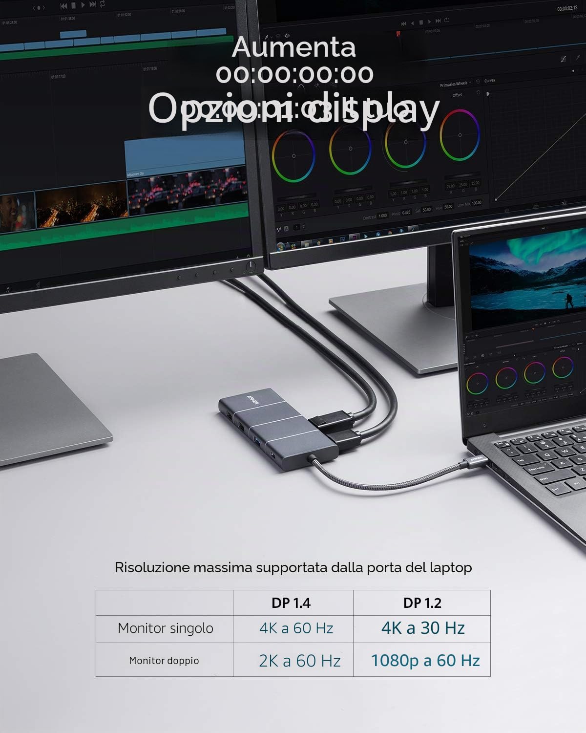 Anker Hub USB C 11 in 1 100W, PowerExpand Adattatore con HDMI 4K 60Hz e DP, 100W Power Delivery, USB C e 3 Porte Dati USB A, Ethernet 1 Gbps, Audio 3,5 mm, Lettore Schede MicroSD e SD
