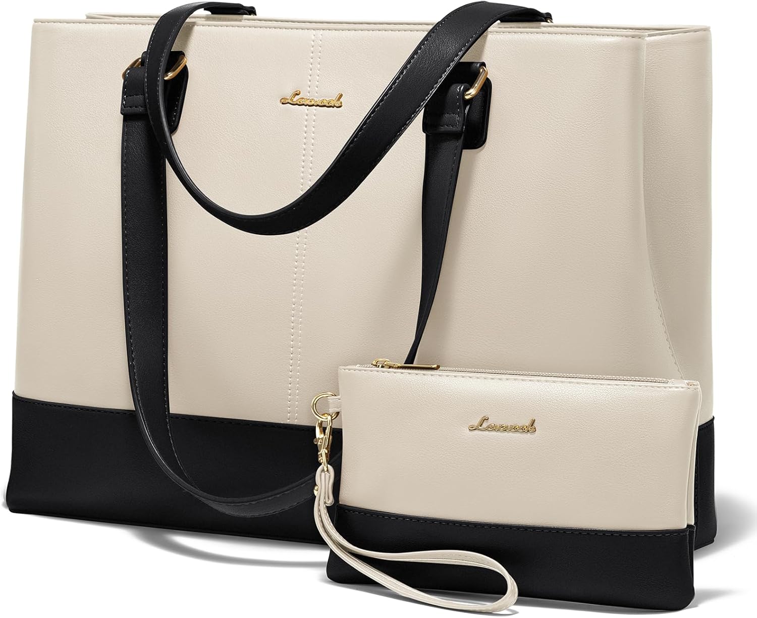 LOVEVOOK Laptop Tote Bag for Women 15.6 Inch Work Bag Leather Laptop Purse with Clutch, Large Computer Briefcase Bag for Office Business Teacher Casual 15.6 Inch Beige&black-b