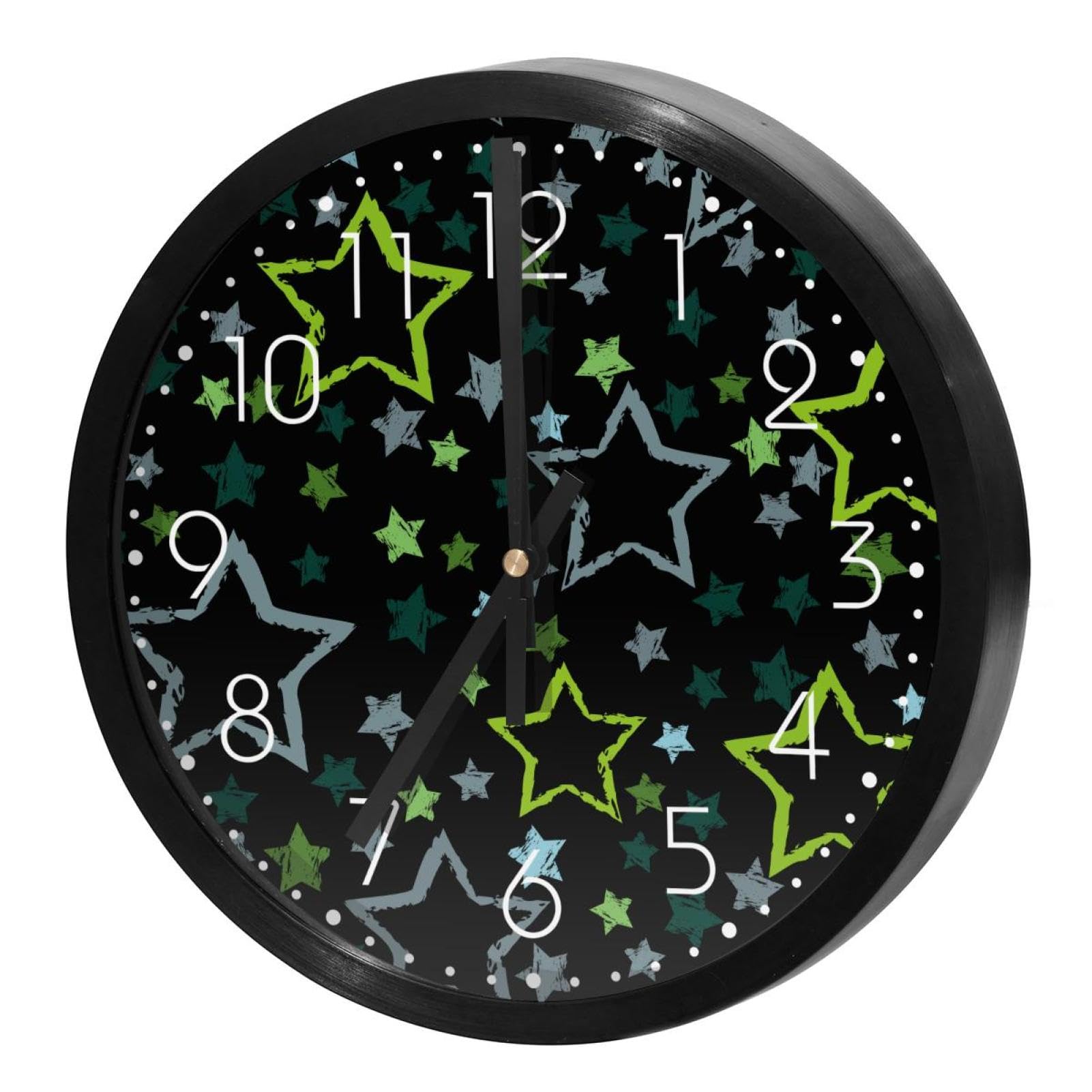Horloge murale silencieuse à quartz vert foncé et motif étoiles pour la maison