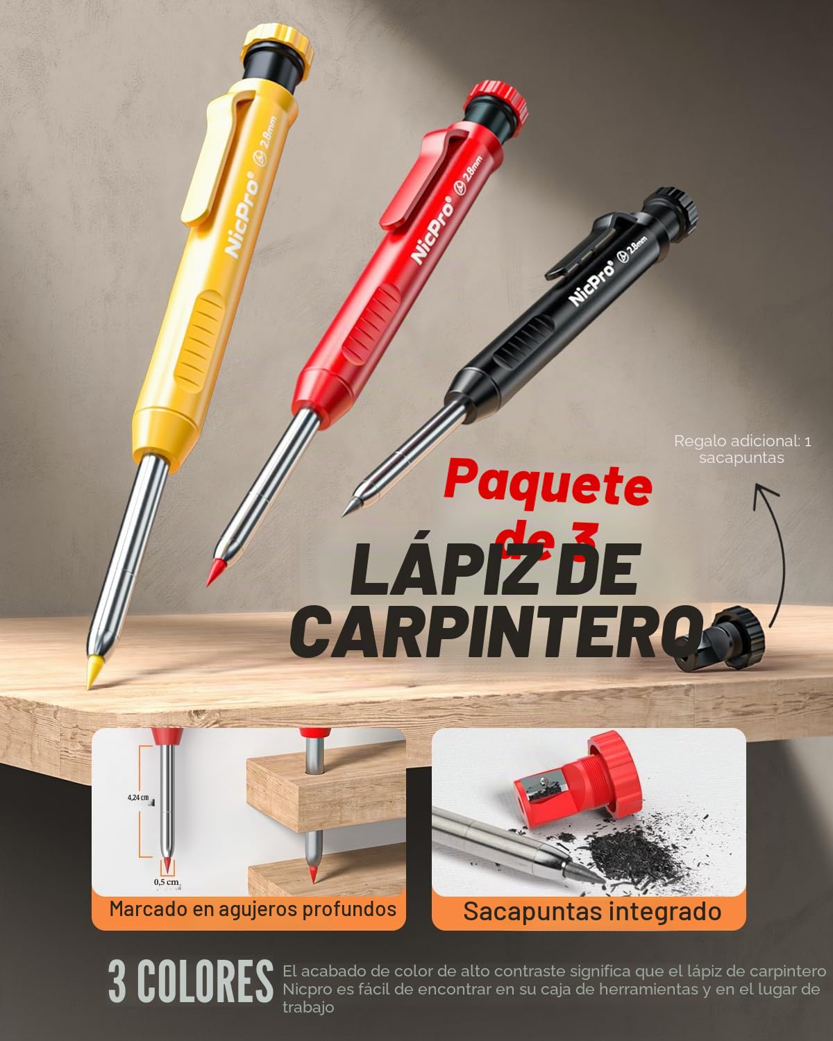 Nicpro 16 lápices mecánicos de carpintero con 42 recargas y herramienta de carburo, marcadores de agujero profundo, lápices de construcción para carpintería resistente