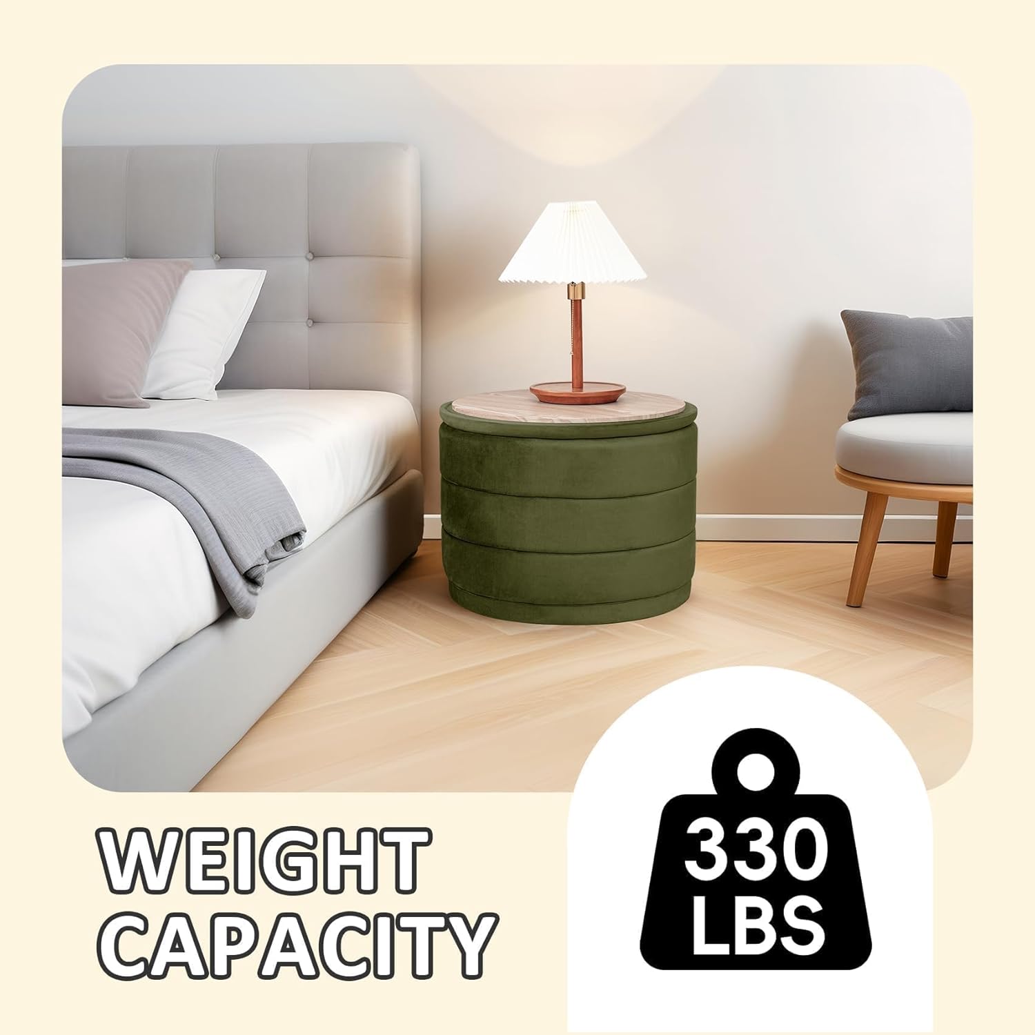 PINPLUS Large Round Velvet Storage Ottoman, Olive Green Upholstered Footstool with Hidden Storage, Sturdy Coffee Table Ottoman for Living Room & Bedroom