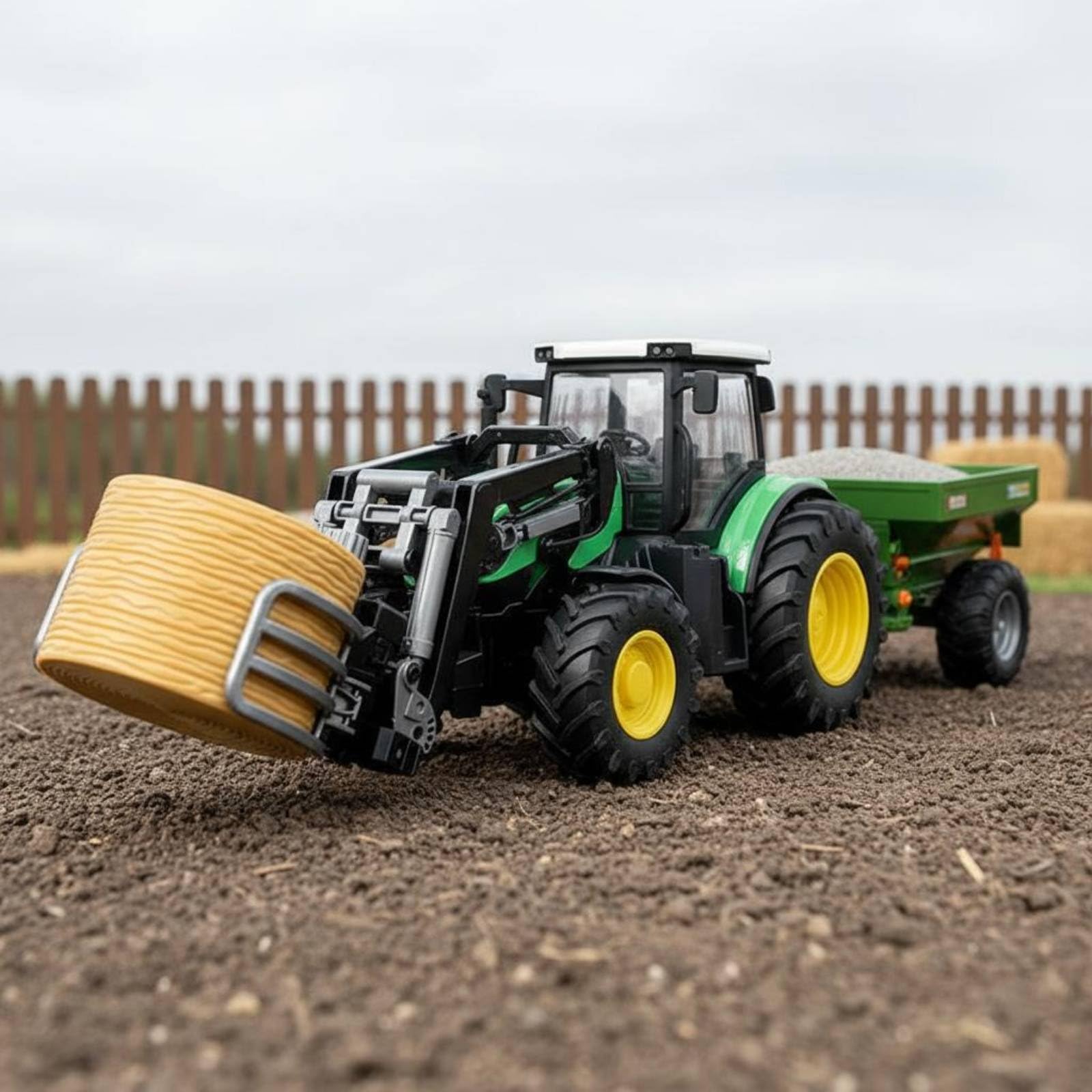 Gralara Tractor Teledirigido Infantil Vehículo Agrícola Camión Granja Remolque con Brazo Frontal y Funciones y Marcha Atrás para Tareas de Granja Simuladas, Verde