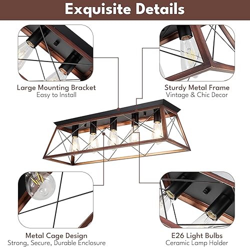 Miniatura 4 de Lámpara de techo de montaje empotrado de 31.5 pulgadas, lámpara industrial vintage de 5 luces con acabado negro mate y bronce cepillado, iluminación
