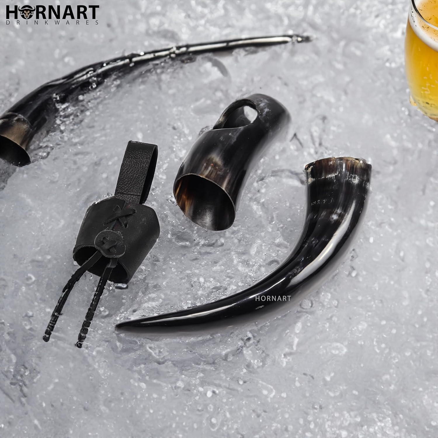 Viking Horn with Stand & Leather Holster, Loud Tumbler for Coffee, Beer, Mead, Whiskey & Ale, Unique Gift for Men, Dad, Brother, Anniversary, Birthday, or Christmas, Nordic Decor (Natural Black)