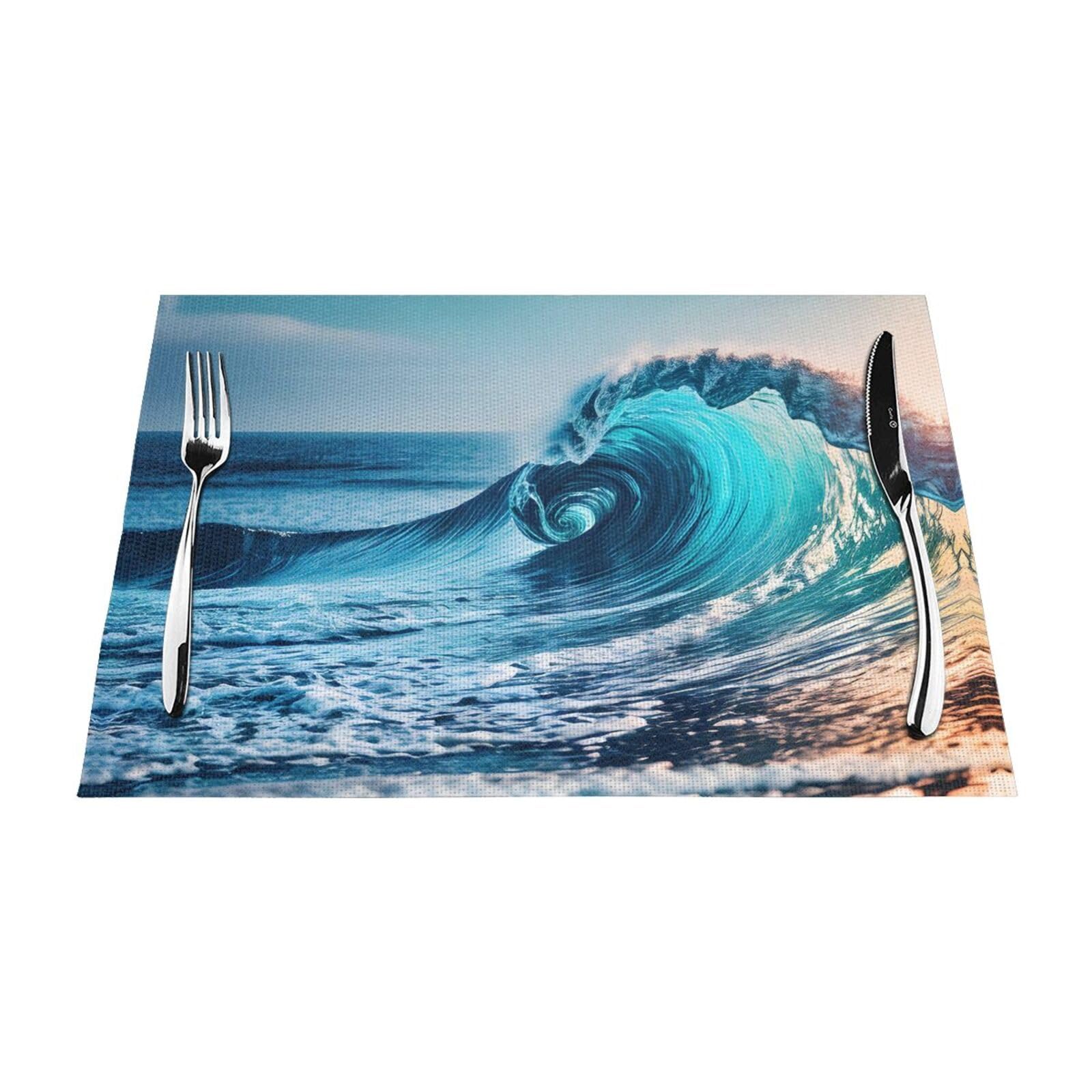 Placemats Set of 6,Table Mats Washable Placemat Decoration, Ocean Sea Wave Print