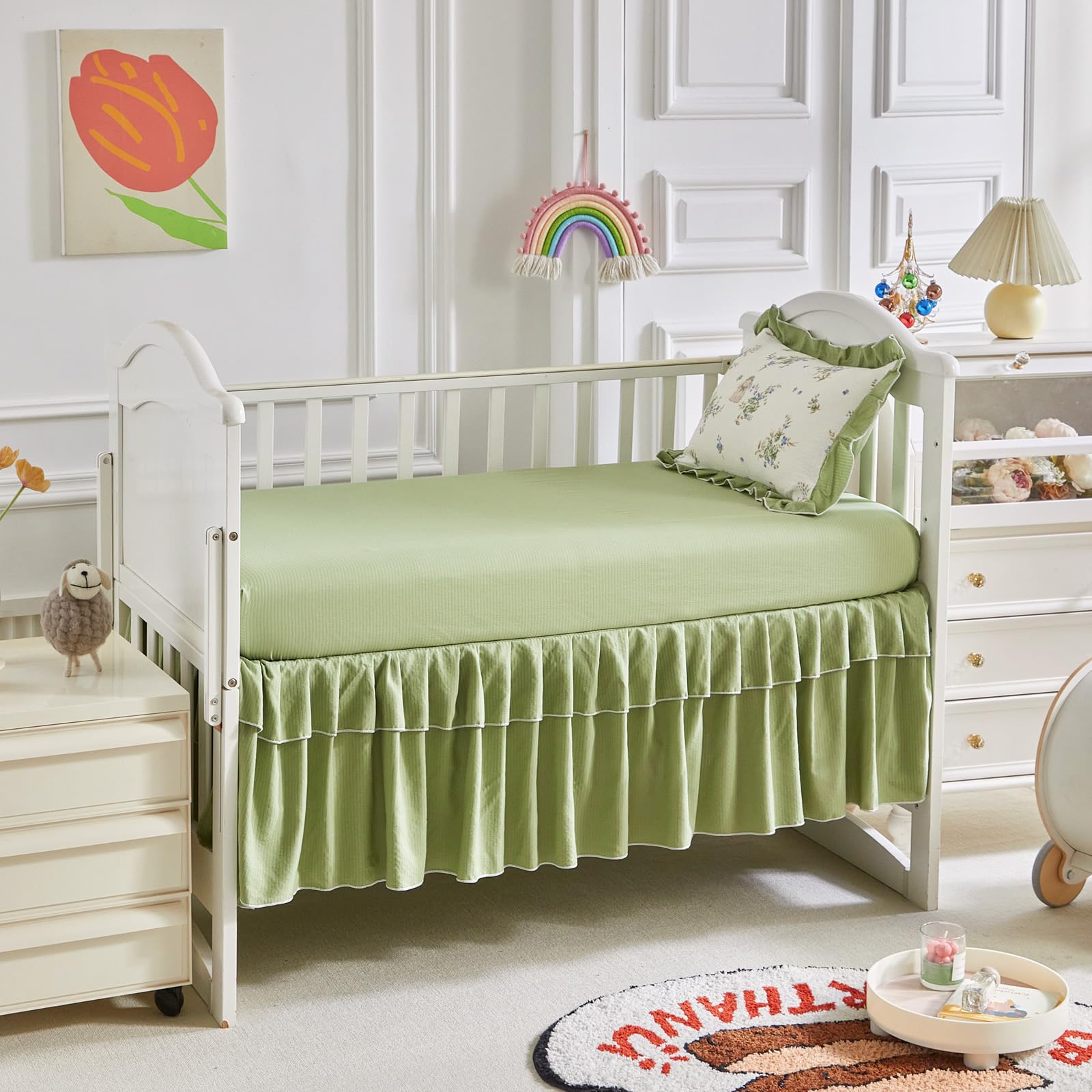 AIKASY Juego de ropa de cama para cuna con volantes y estilo desgastado para niñas, edredón acolchado para bebé, sábana bajera, falda de cama y funda de almohada