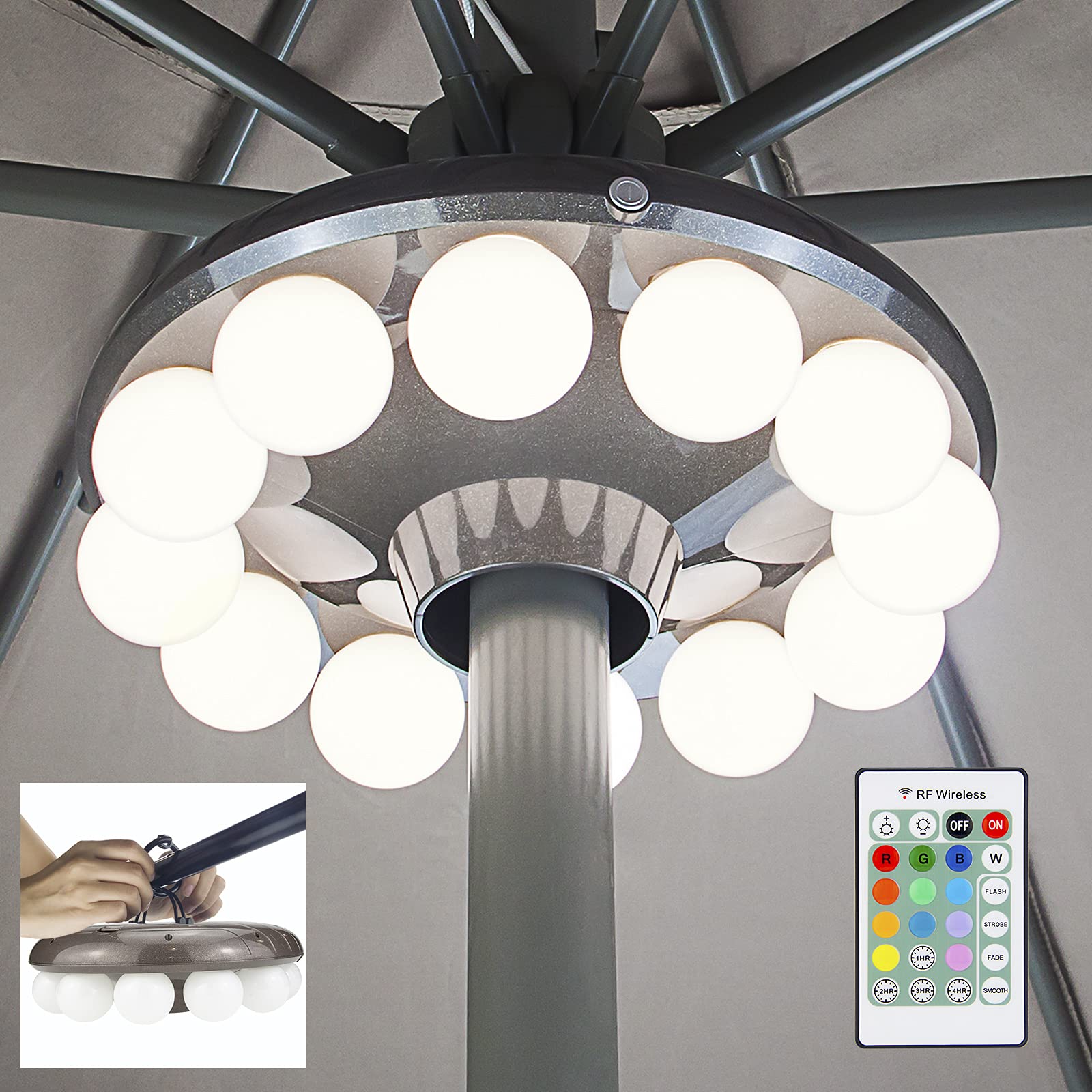 LUXSWAY Patio Umbrella Lights Battery Operated,12 Color Changing Outdoor Umbrella Light for Pole with Remote,48 LEDs,4 Modes,4 Timer Setting,10 Inch Camping Hanging Lights