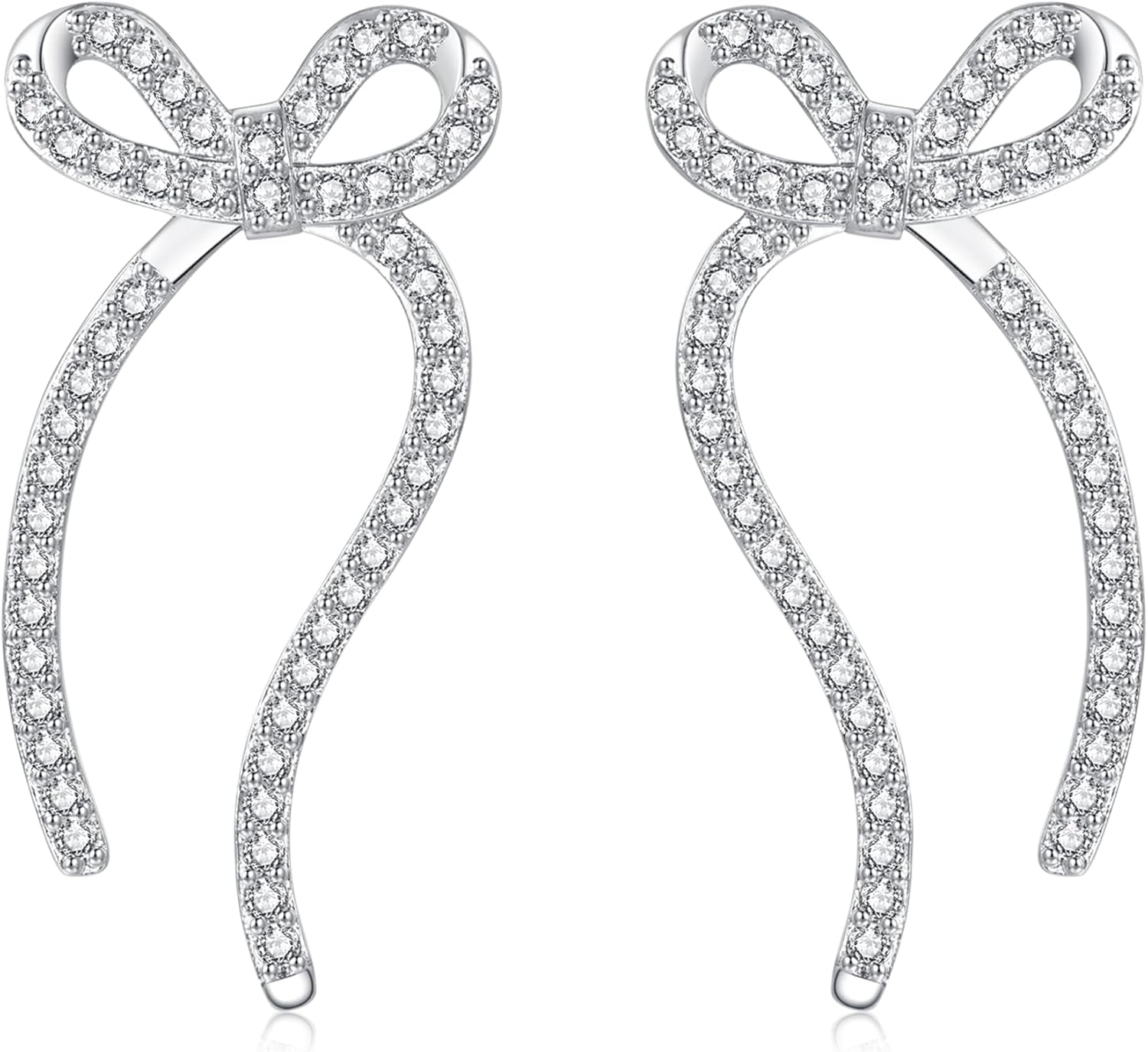 ZRU Christmas Sterling Silver Bow Earrings for Women, Sparkling CZ Hypoallergenic 925 Sterling Silver Ribbon Bow Dangle Drop Earrings Tassel Xmas Gifts Wedding Party Dainty Jewelry