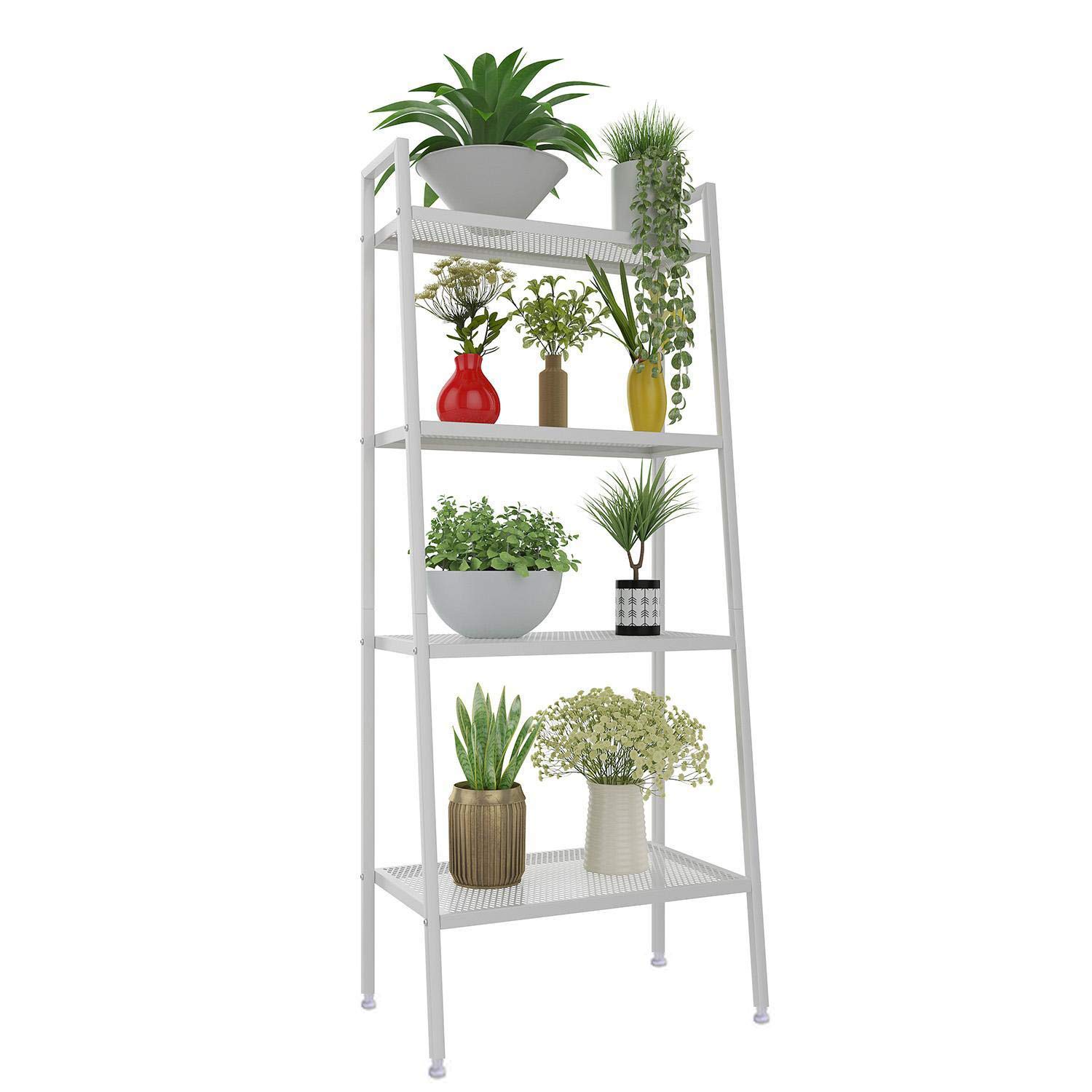 Wesoky4 Tier Metal Ladder Shelf Bookcase, Multifunctional Ladder-Shaped Plant Flower Stand Rack, Storage Rack Shelves for Bathroom & Living Room, Heavy Duty Metal Frame (White)