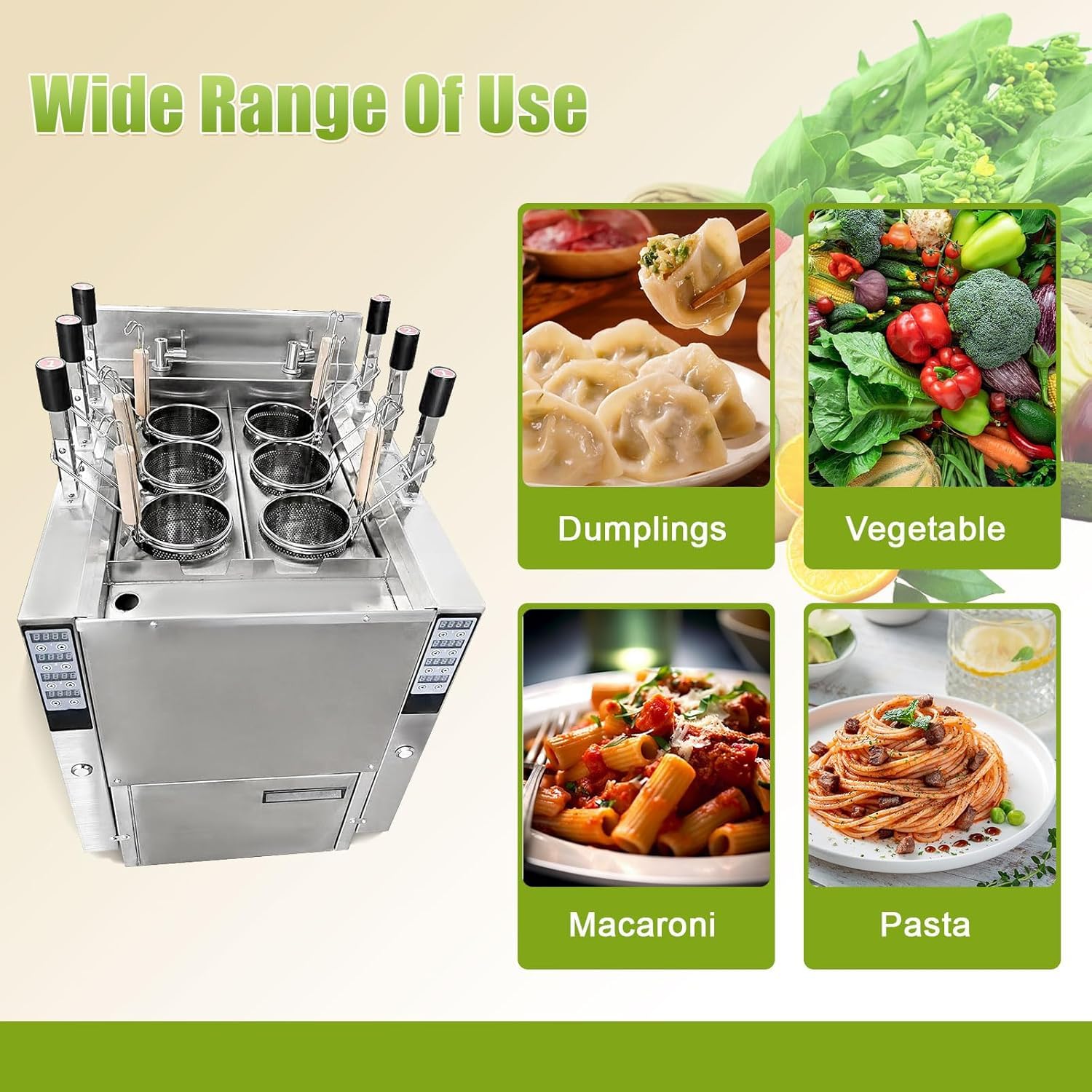 Cuocispa Automatico con 6 Cestelli - Macchina per Ramen E Noodles, Riempimento Automatico Dellacqua, Controllo Termostatico, Ideale per Ristoranti, Food Truck, Attrezzature per Cucine