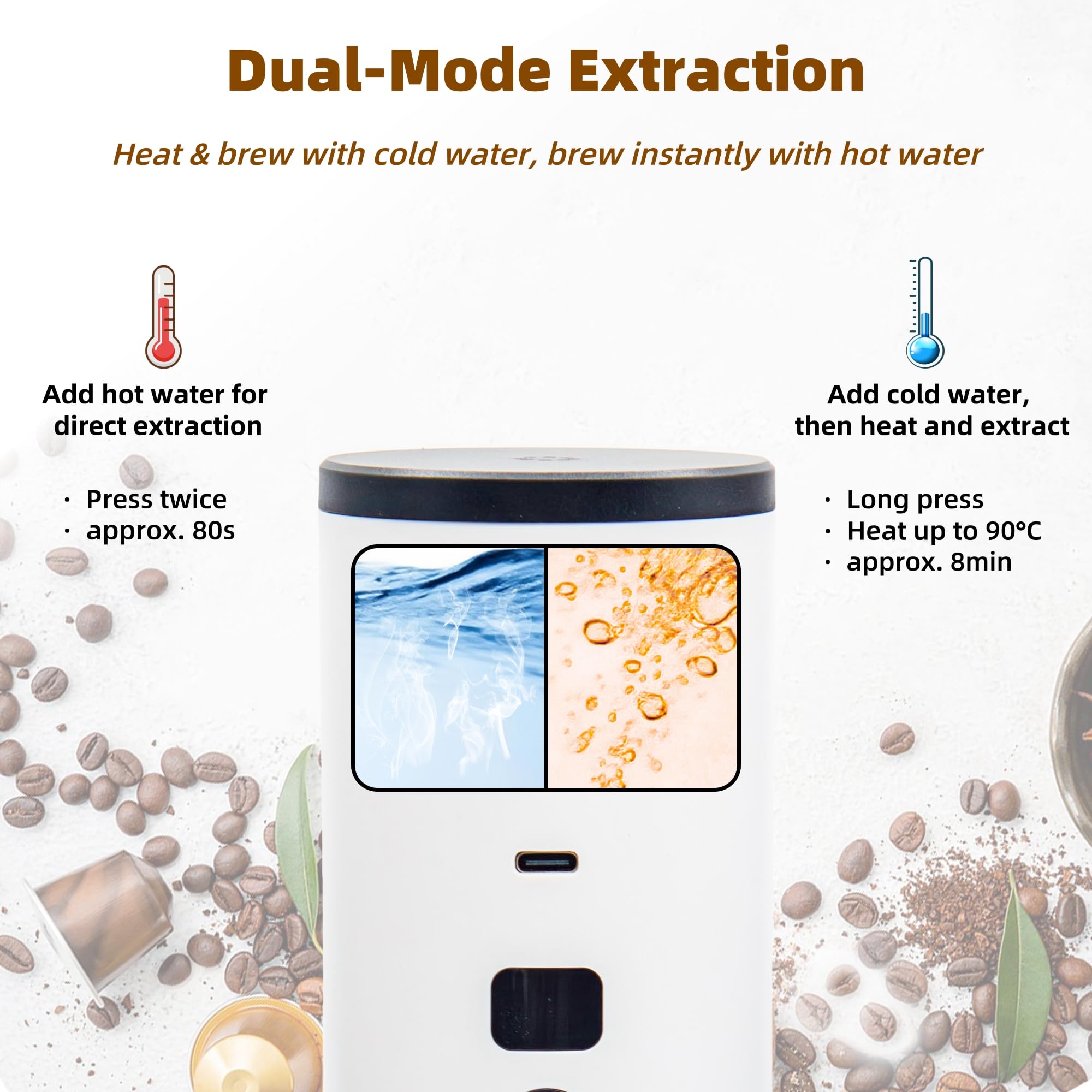 Macchina per caffè espresso portatile 3 in 1 con batteria | Macchina da caffè con funzione di riscaldamento | Ricarica di tipo C | Temperatura e indicatore batteria | Caffè da viaggio