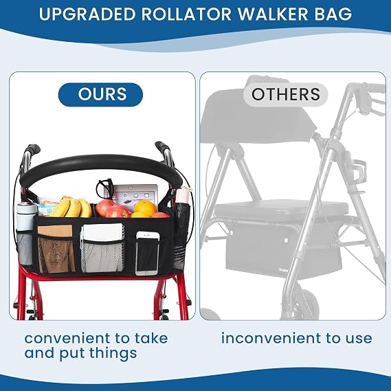 Upgraded Rollator Basket, Large Walker Accessories Bag with Multiple Pockets, Rollator Accessories for Seniors Baskets for Rolling Folding Walker Easy to Use(Black)