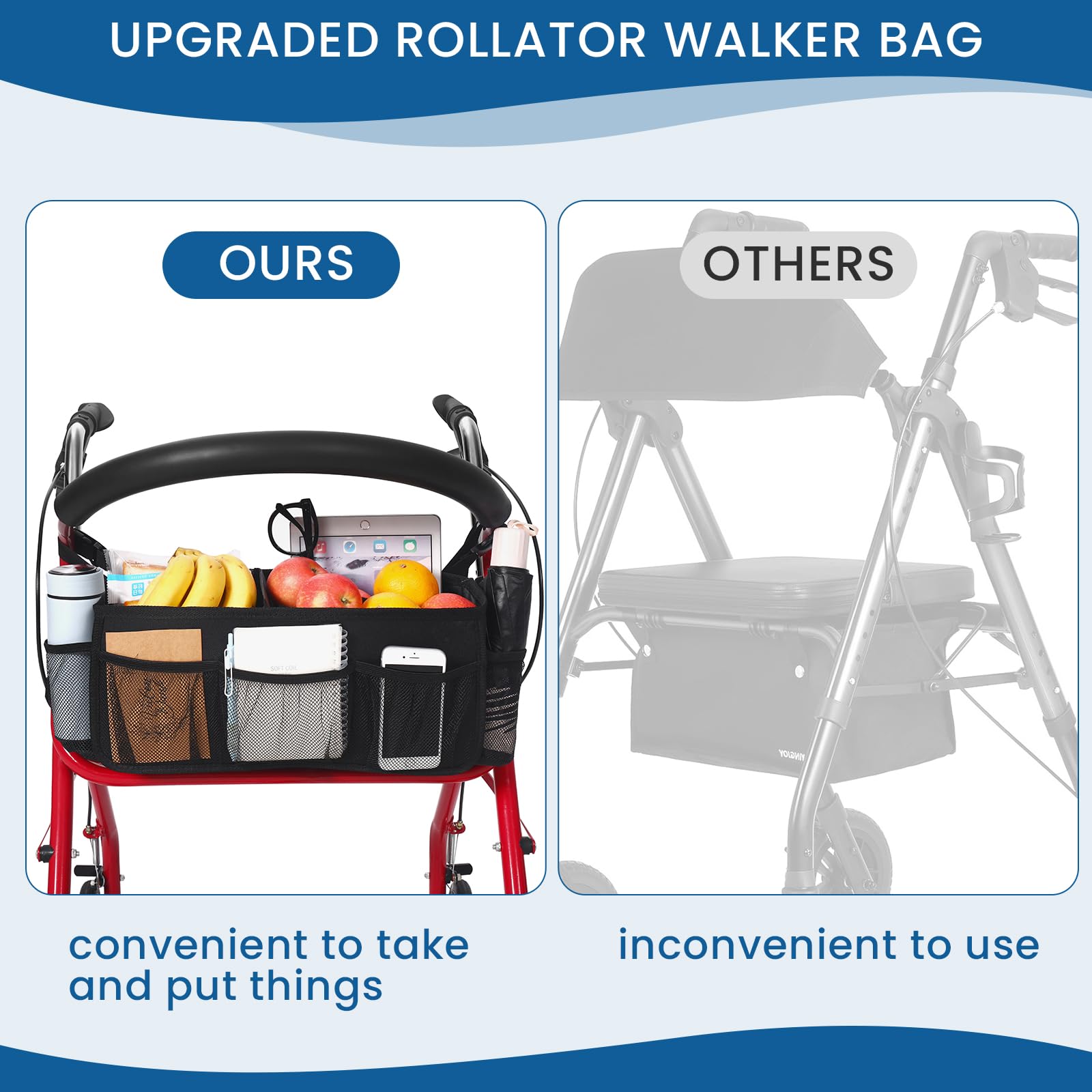 Cesta rodante mejorada, bolsa grande de accesorios para andador con múltiples bolsillos, accesorios para personas mayores, cestas plegables fáciles de usar (negro)