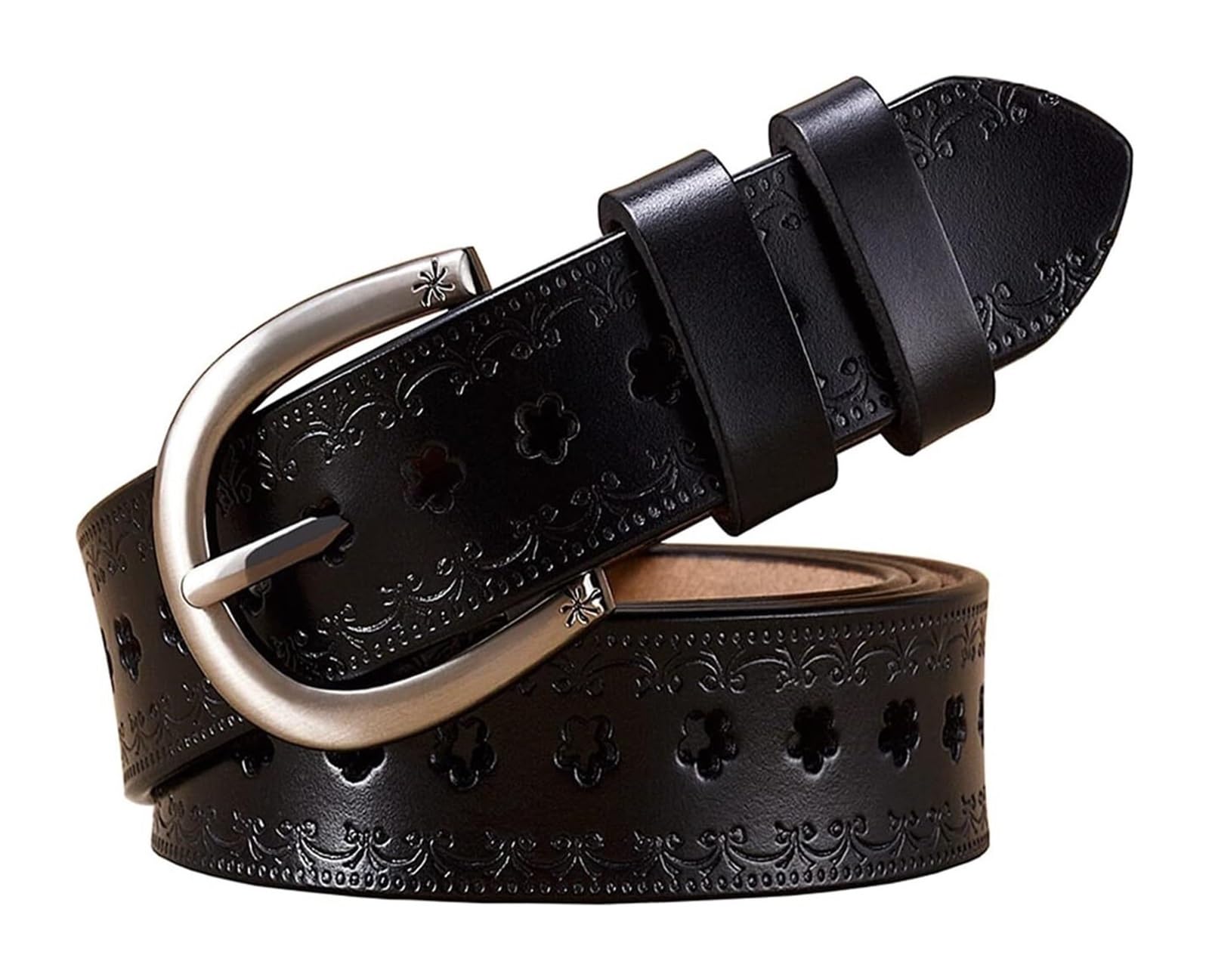 dfEDRd Ladies Waist Belt, 90-115cm Women Hollow Genuine Leather Belts Vintage Pin Buckle Floral Print Cowhide Waistband(Black,115)