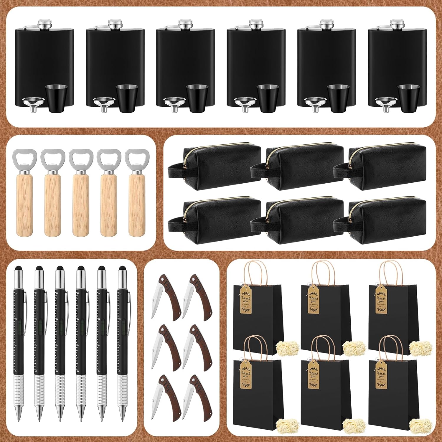 44 Pcs Baby Shower Game Prize for Men Winner with Gift Bag Flask PU Leather Toiletry Bag Multi Tool Pen Bottle Opener Folding Knife for Baby Shower Groom Bachelor Party Wedding(Black)
