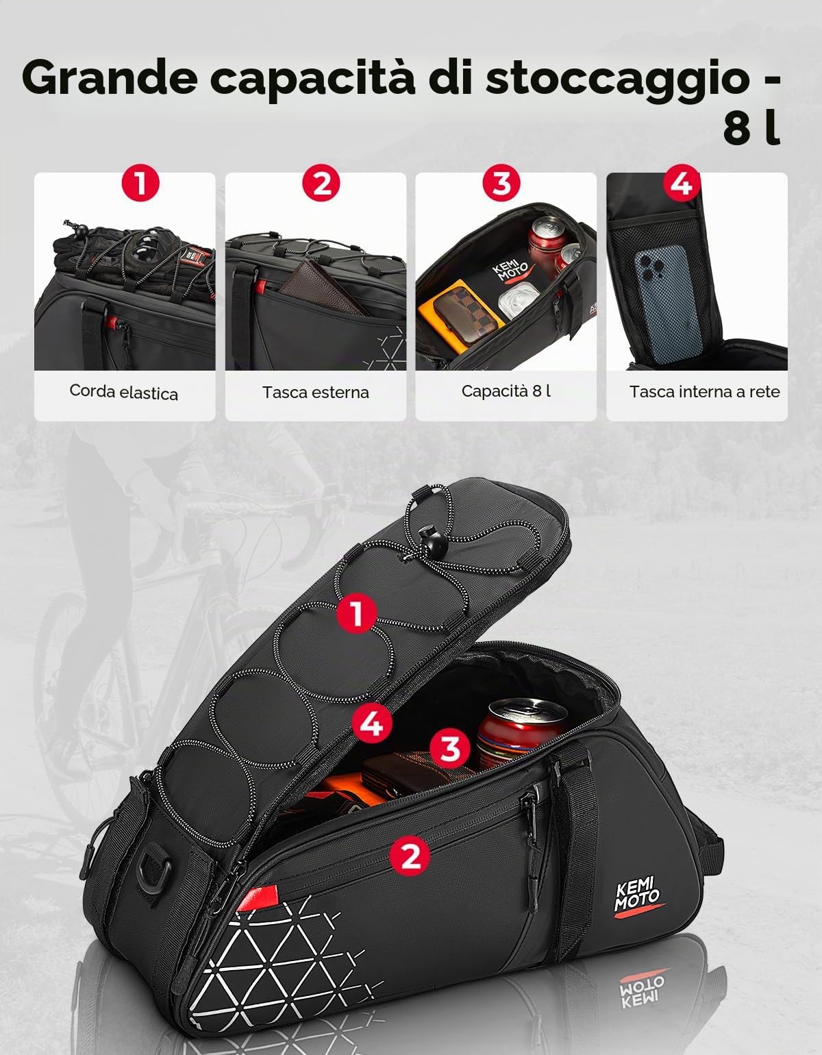 KEMIMOTO 2 in 1 8L Borse per Bici Posteriore Laterali Impermeabile in PVC per Bicicletta Strada Mountain Bike Nero