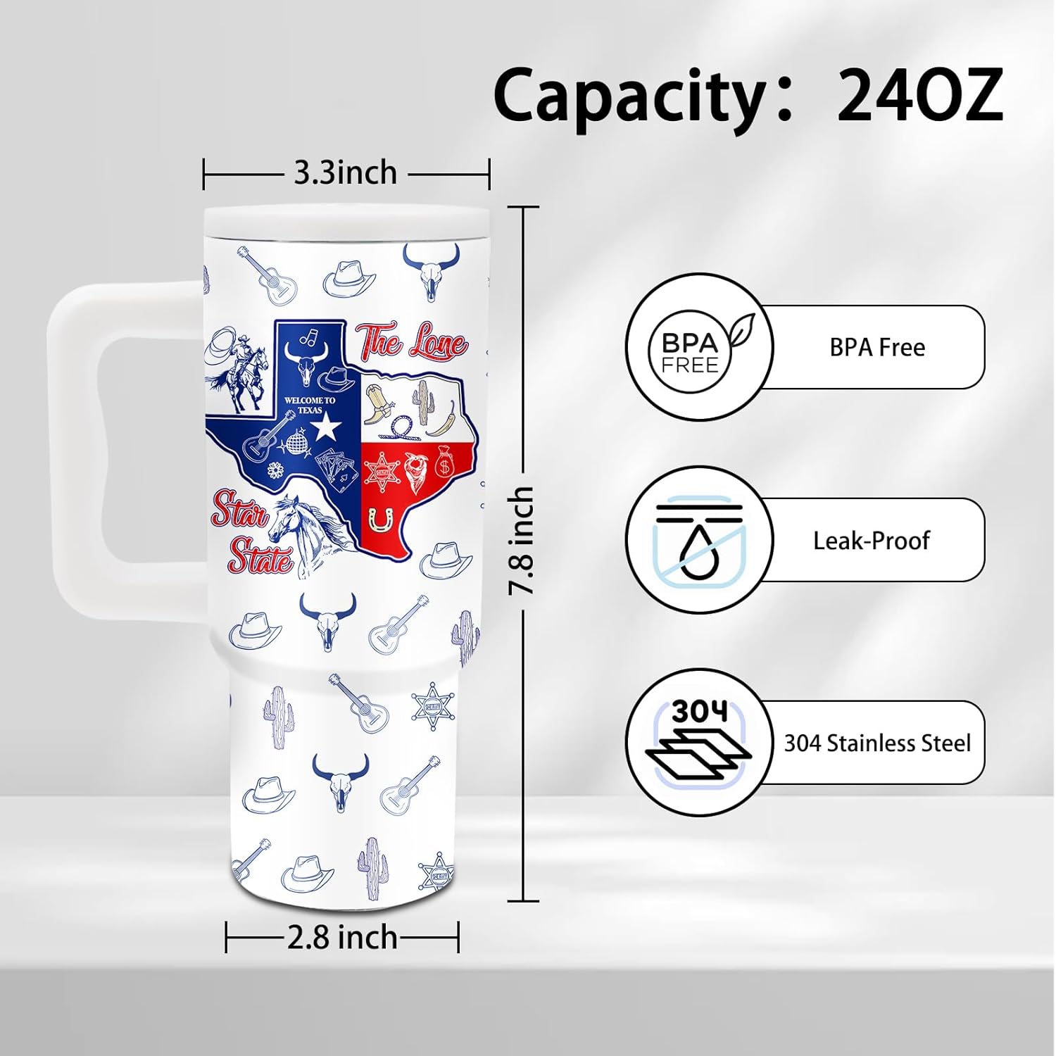 Texas Themed Gifts - 24 oz Texas Tumbler with Handle and Straw, Insulated Stainless Steel Cup, Leakproof, Stylish Cowboy Texases Design Travel Mug for Women, Fits Car Cup Holders, Keeps Drinks Cold - Image 2