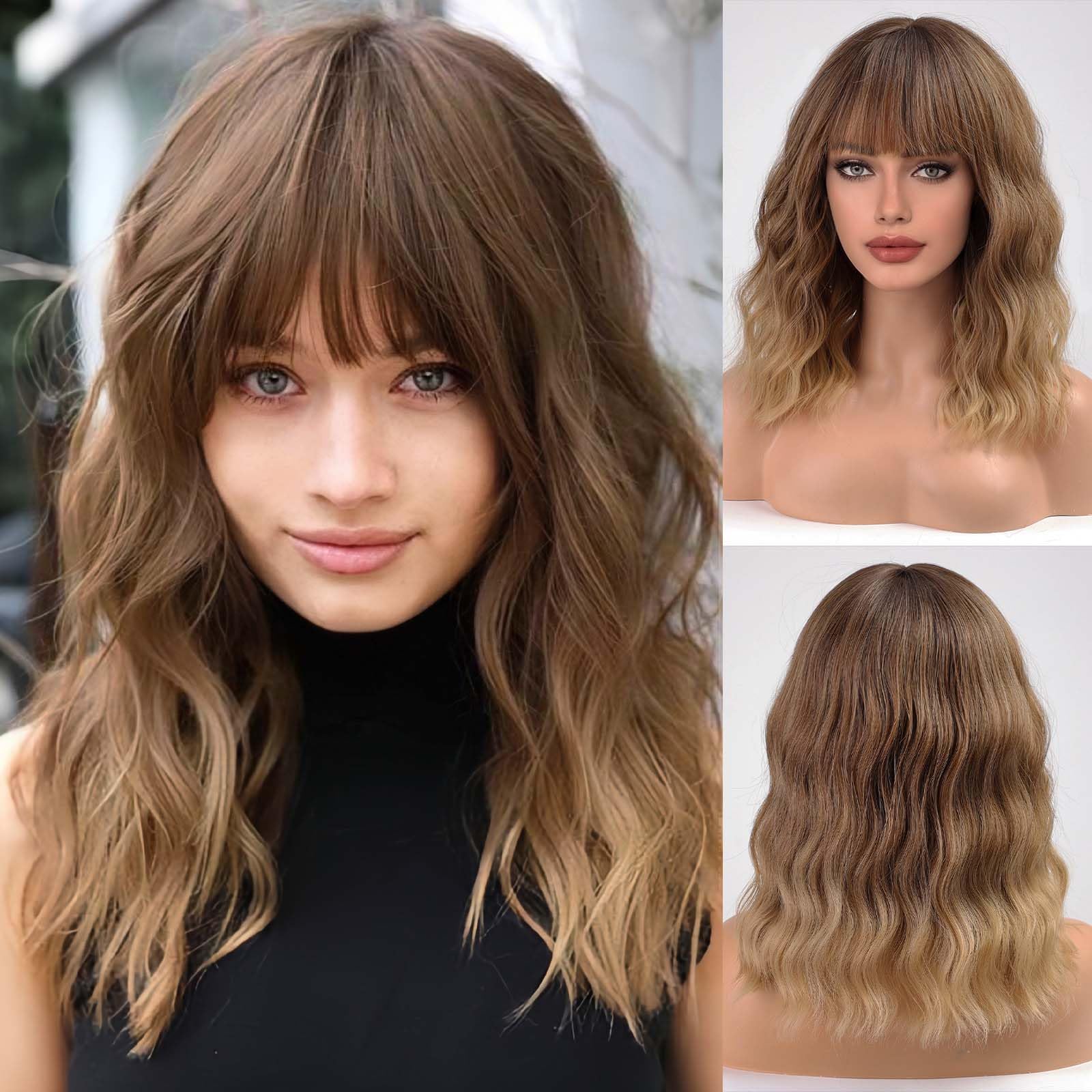 HAIRCUBE Breve Charming Bob con Bangs Parrucche per la Donna Natura Resistente al calore Fibra sintetica Partito/Cosplay/Costume/Parrucca quotidiana (Ombre Brown Bionde)