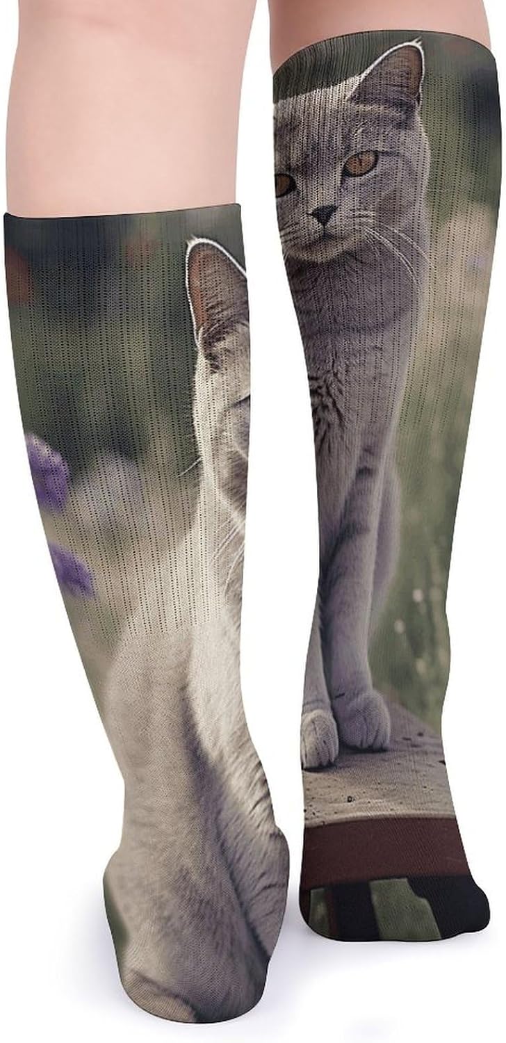 Breathable Crew Sock, Moisture Wicking, Athletic Calf Socks, Cozy | Gray Cat in Flower Field Compression Socks for Women Men, Lightweight High Work Socks for Business, Casual